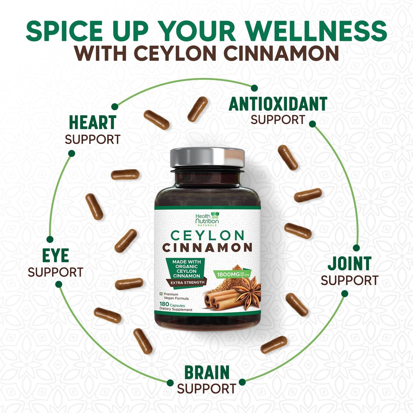 Health Nutrition Naturals Ceylon Cinnamon Capsules 180 Count