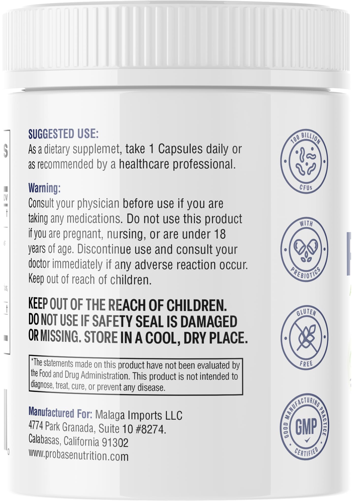 Probase Nutrition Probiotic Capsule, 30 Count, 100 Billion CFU, 10 Strains with Prebiotics
