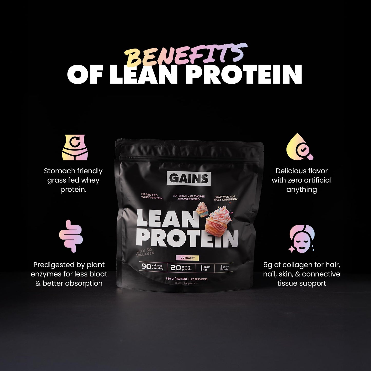 Gains in Bulk Lean Grass Fed Whey Protein Powder with Collagen Peptides, Gluten Free, 20G Protein & 5G Collagen, Cutcake Flavor, 27 Servings