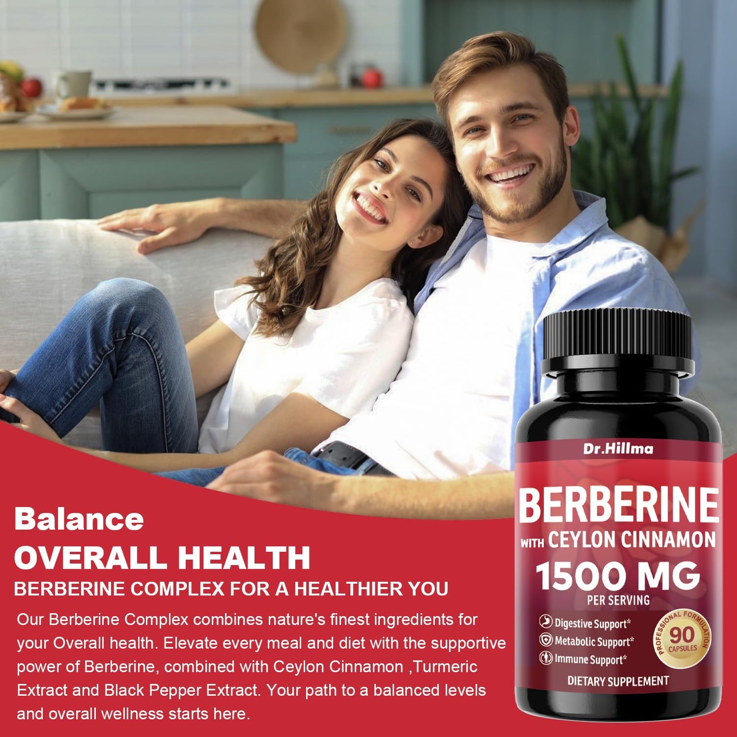 Dr.hillma Berberine Supplement 1500mg High Bioavailability Berberine HCL with Ceylon Cinnamon, 90 Capsules