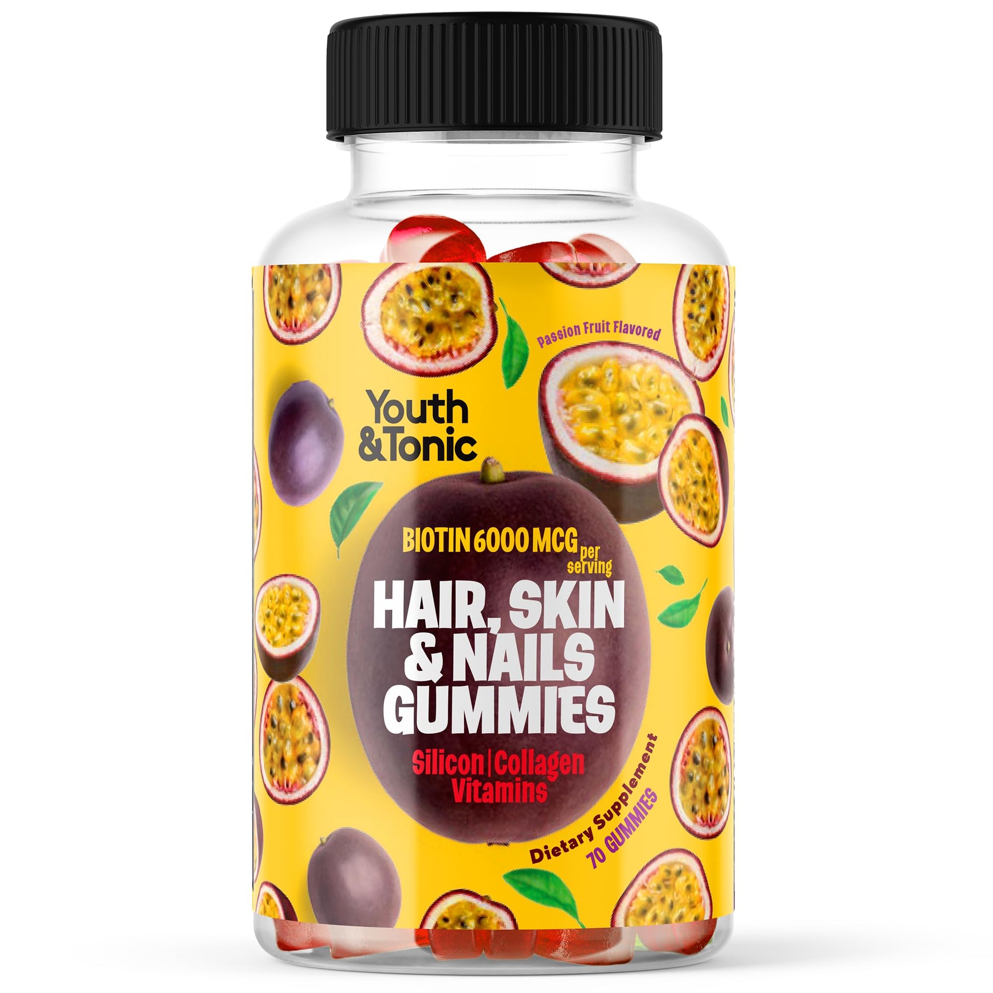 Youth & Tonic Biotin 6000mcg Hair Gummies with Collagen, Silicon, PABA & Multivitamins, Hair Skin & Nails Support, 70 Gummies
