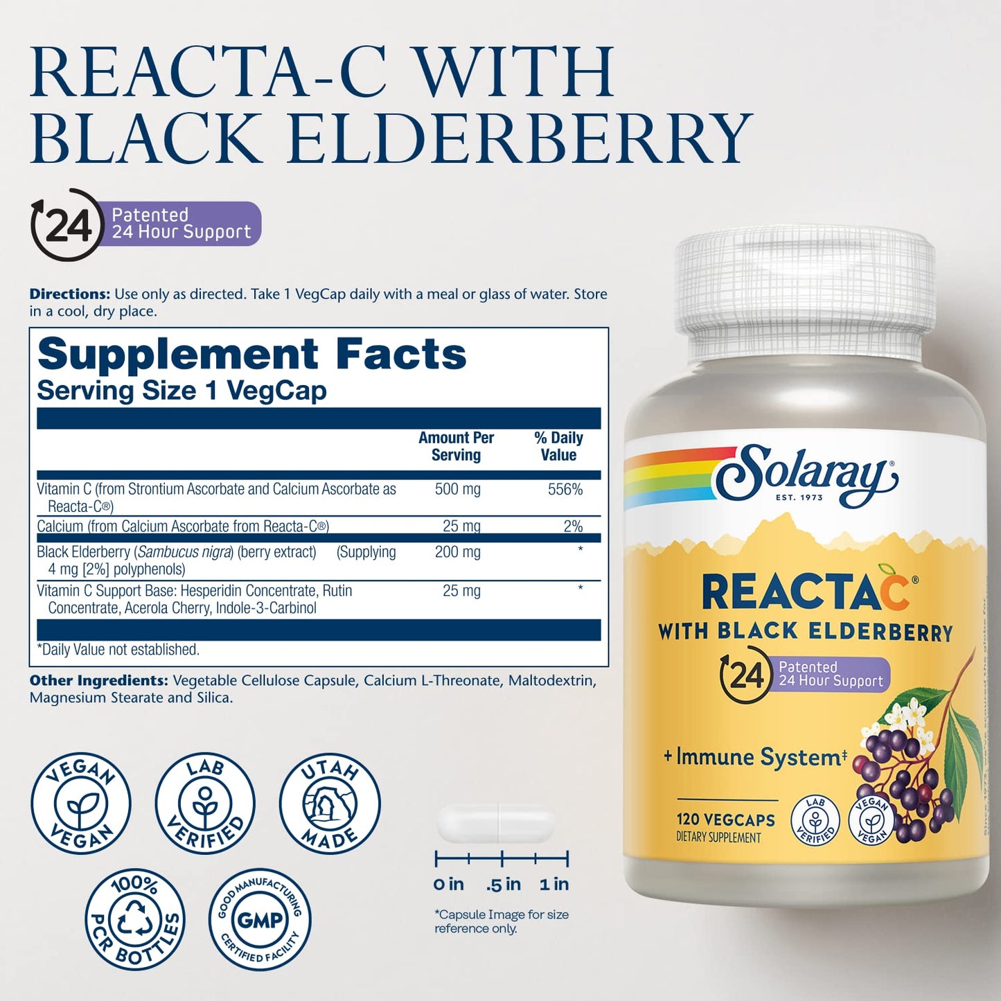 SOLARAY Reacta-C + Elderberry 500 mg Capsules, 120 Capsules