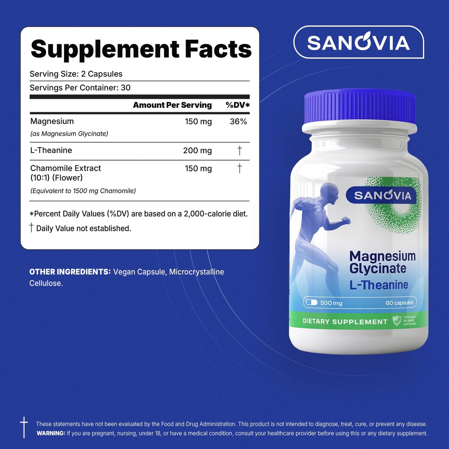 SANOVIA Magnesium Glycinate with L-Theanine 200mg & Chamomile 10:1, 150mg Magnesium Sleep & Calm Support, 60 Capsules