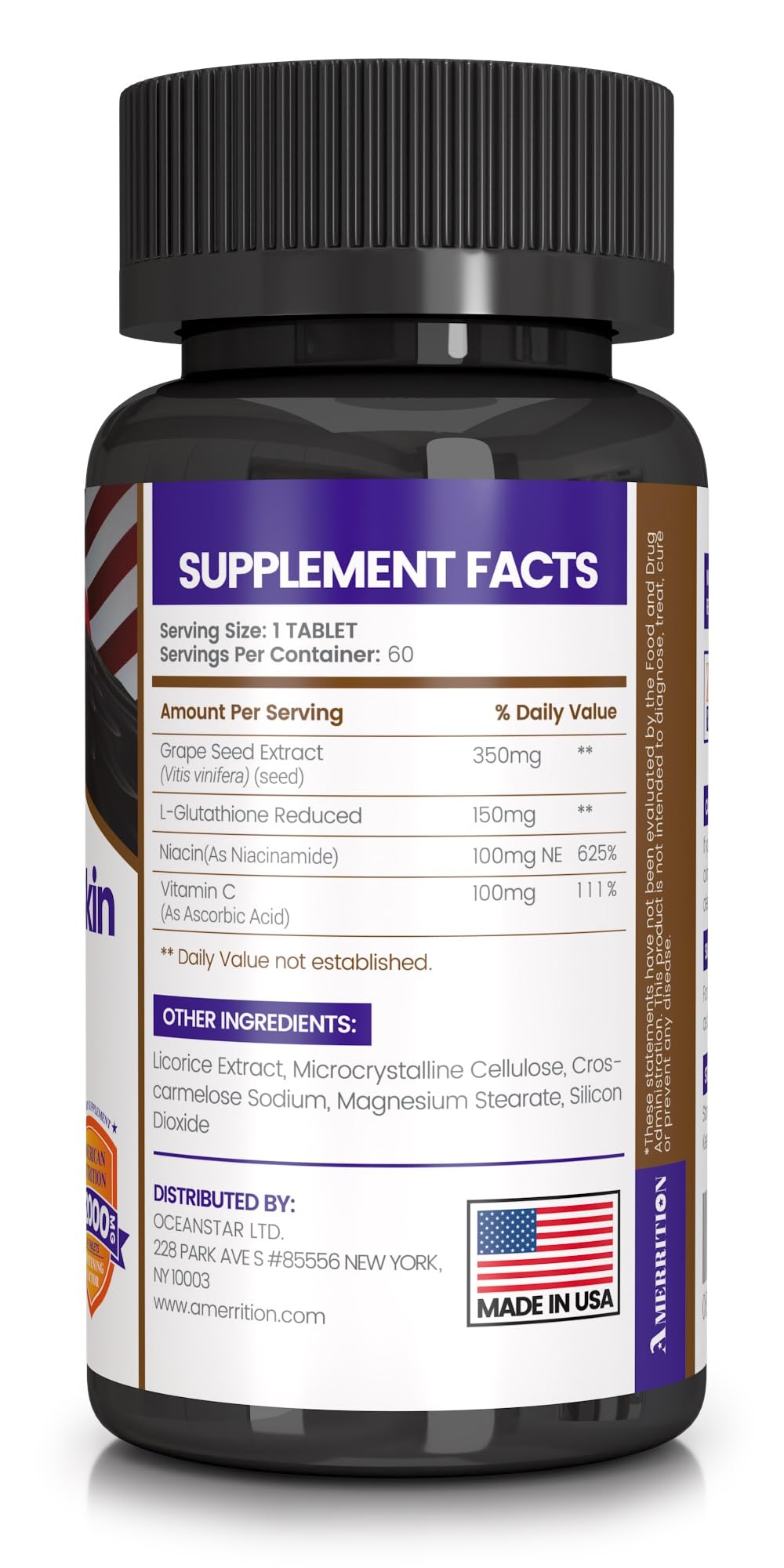 Amerrition Skin Whitening Supplement Infused with Grape Seed Extract, Glutathione, Vitamin B3, and Vitamin C, 60 Tablets