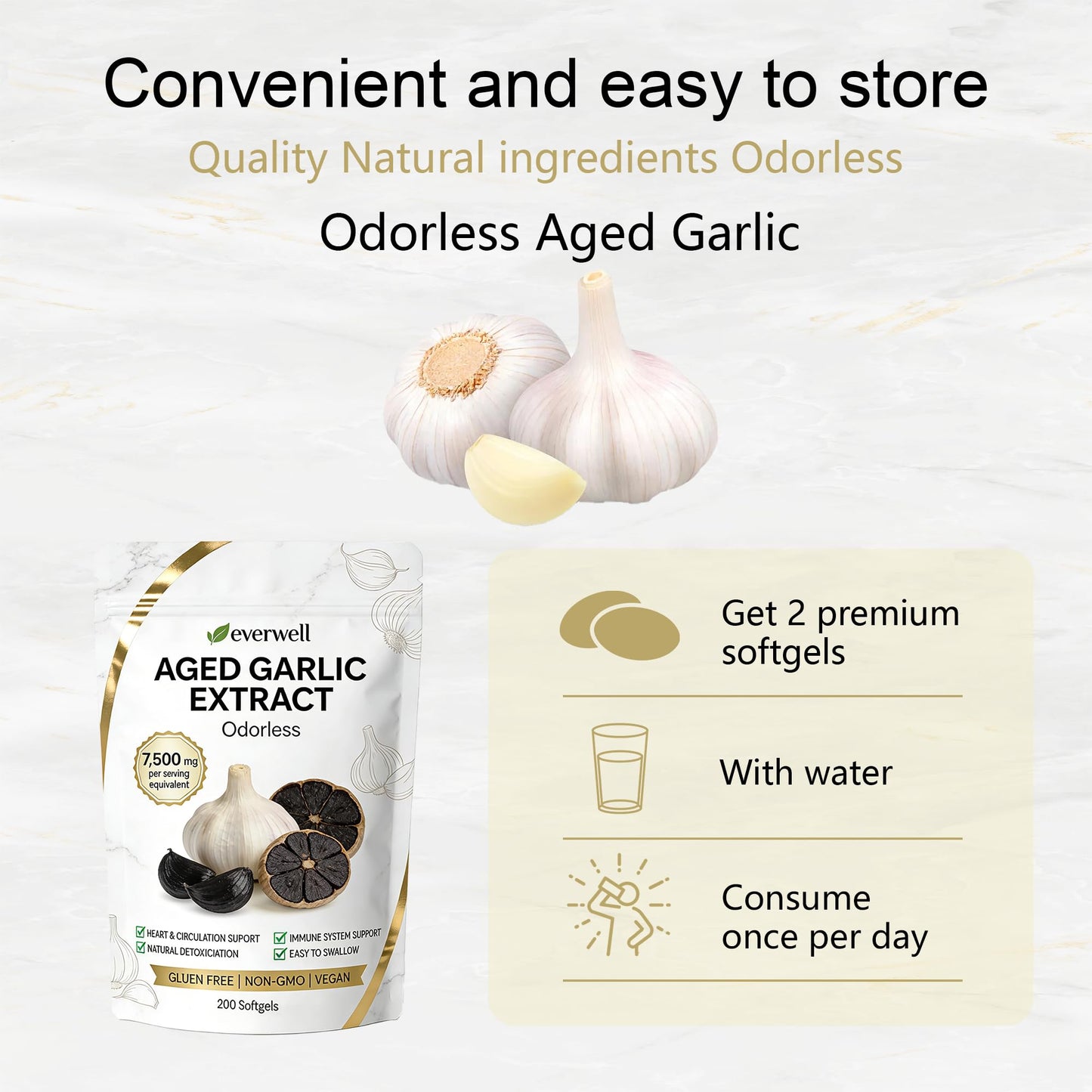 motilli Everwell Aged Garlic Extract Odorless Garlic Supplement Softgels 200 Count