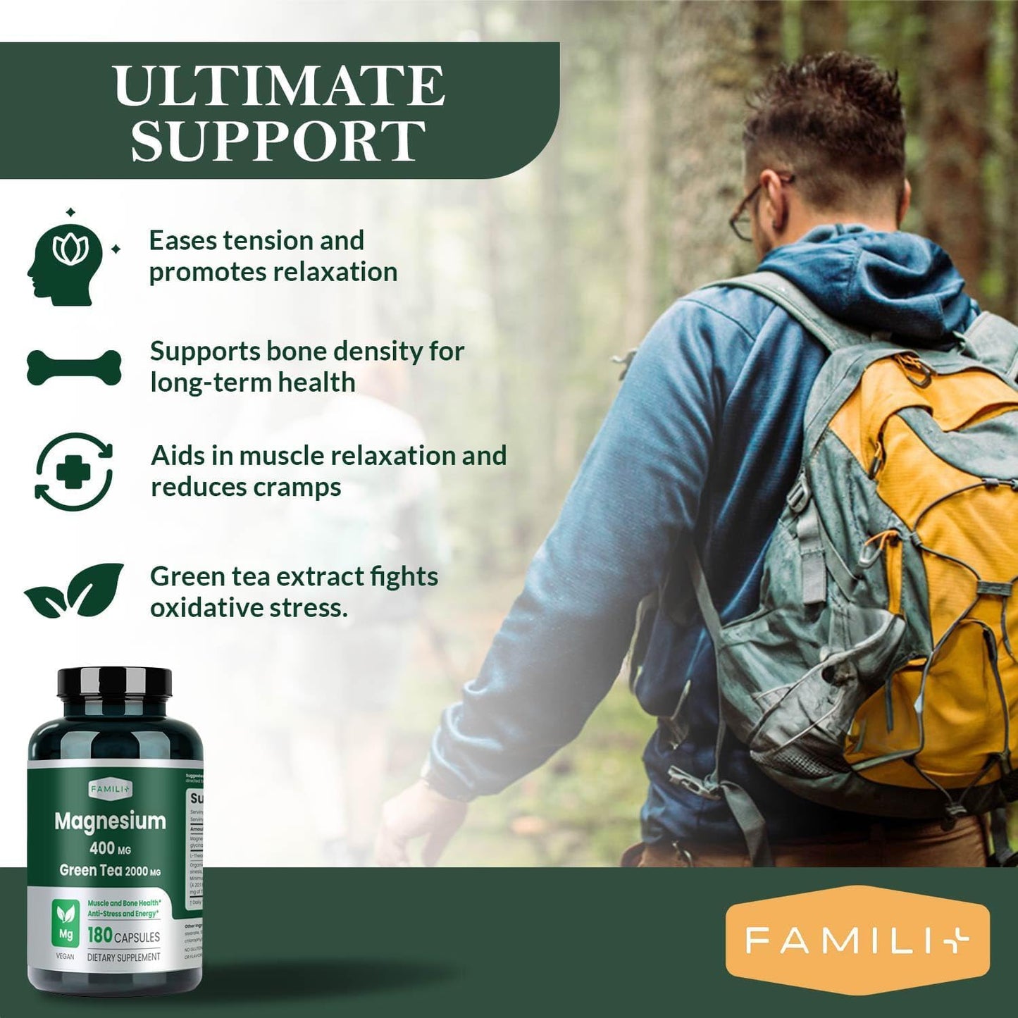 FAMILI+ Magnesium 400mg, Green Tea Supplement & L-Theanine Capsule, 180 Count