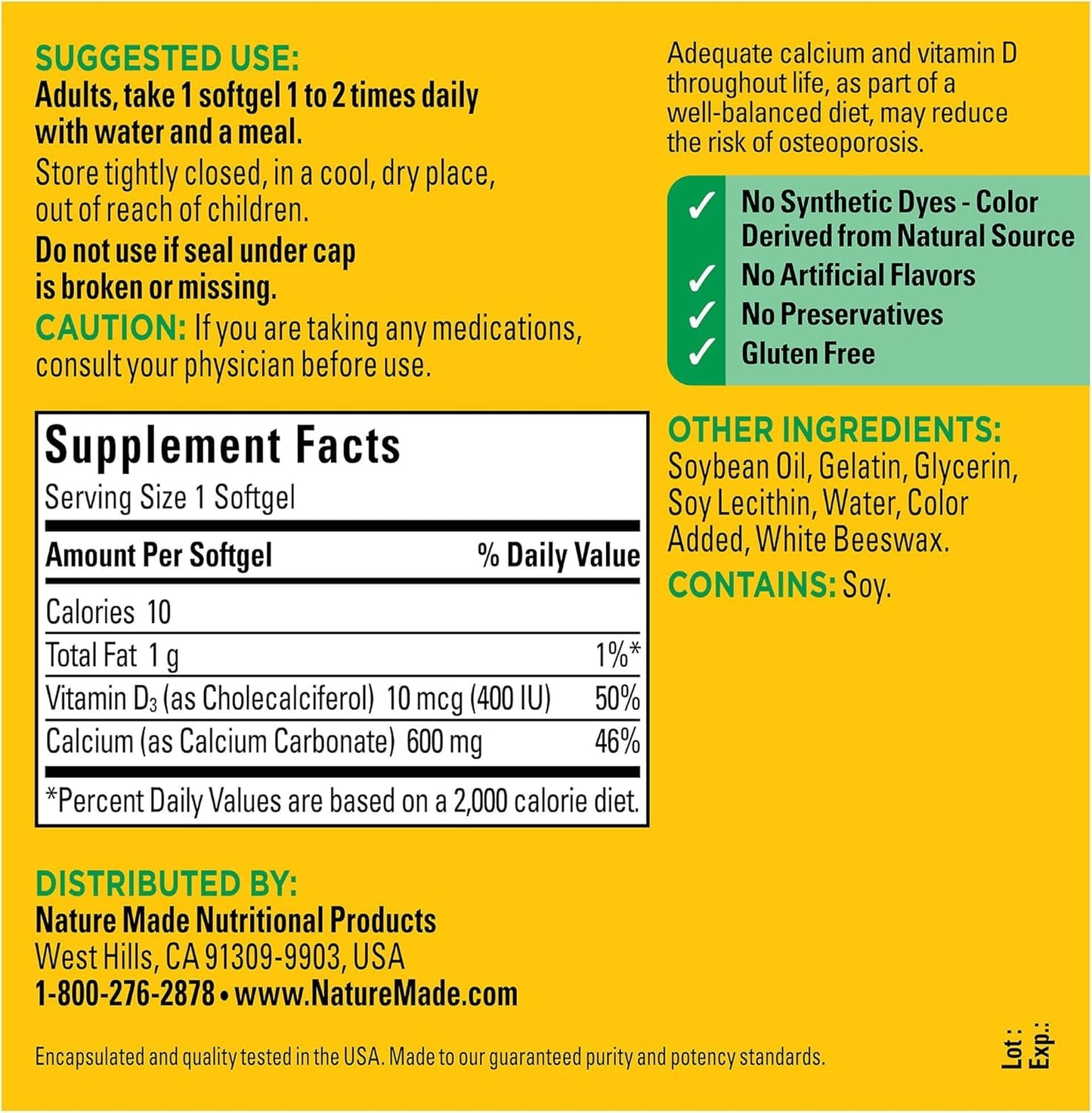 Nature Made Calcium 600 mg With Vitamin D Liquid Softgels 200 Softgels