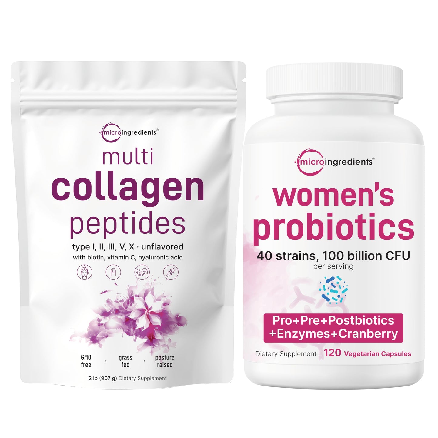 Micro Ingredients 8-in-1 Multi Collagen Powder & Women’s Probiotics 100 Billion CFU Veggie Capsules, 2 Pack, Hydrolyzed Peptides + Hyaluronic Acid & Vitamin C, 40 Strains + Cranberry & D-Mannose