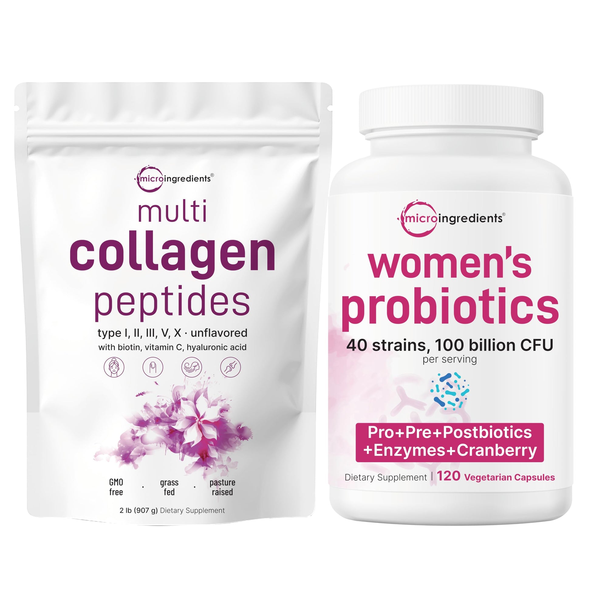 Micro Ingredients 8-in-1 Multi Collagen Powder & Women’s Probiotics 100 Billion CFU Veggie Capsules, 2 Pack, Hydrolyzed Peptides + Hyaluronic Acid & Vitamin C, 40 Strains + Cranberry & D-Mannose