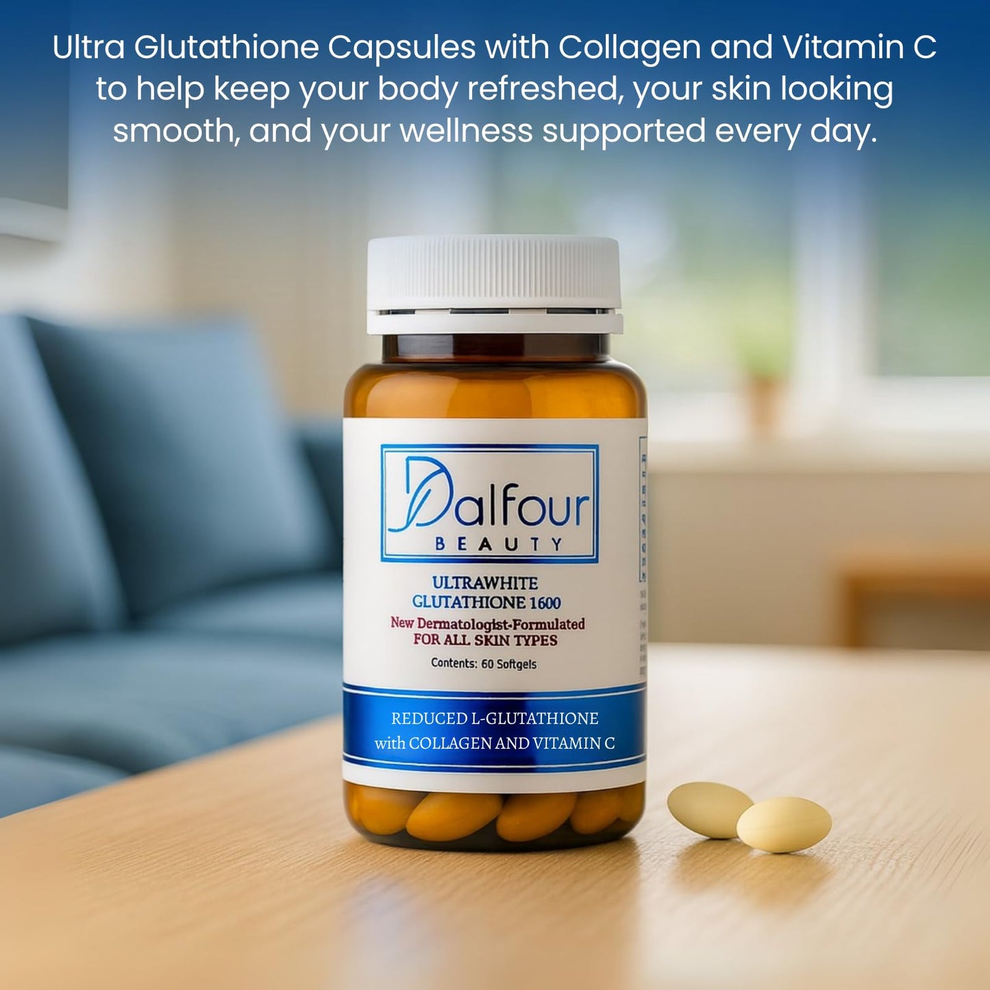 Dalfour Beauty Ultra Glutathione Capsules With Hydrolyzed Collagen & Vitamin C – 1600mg Reduced L-Glutathione Per Serving, 30 Capsules