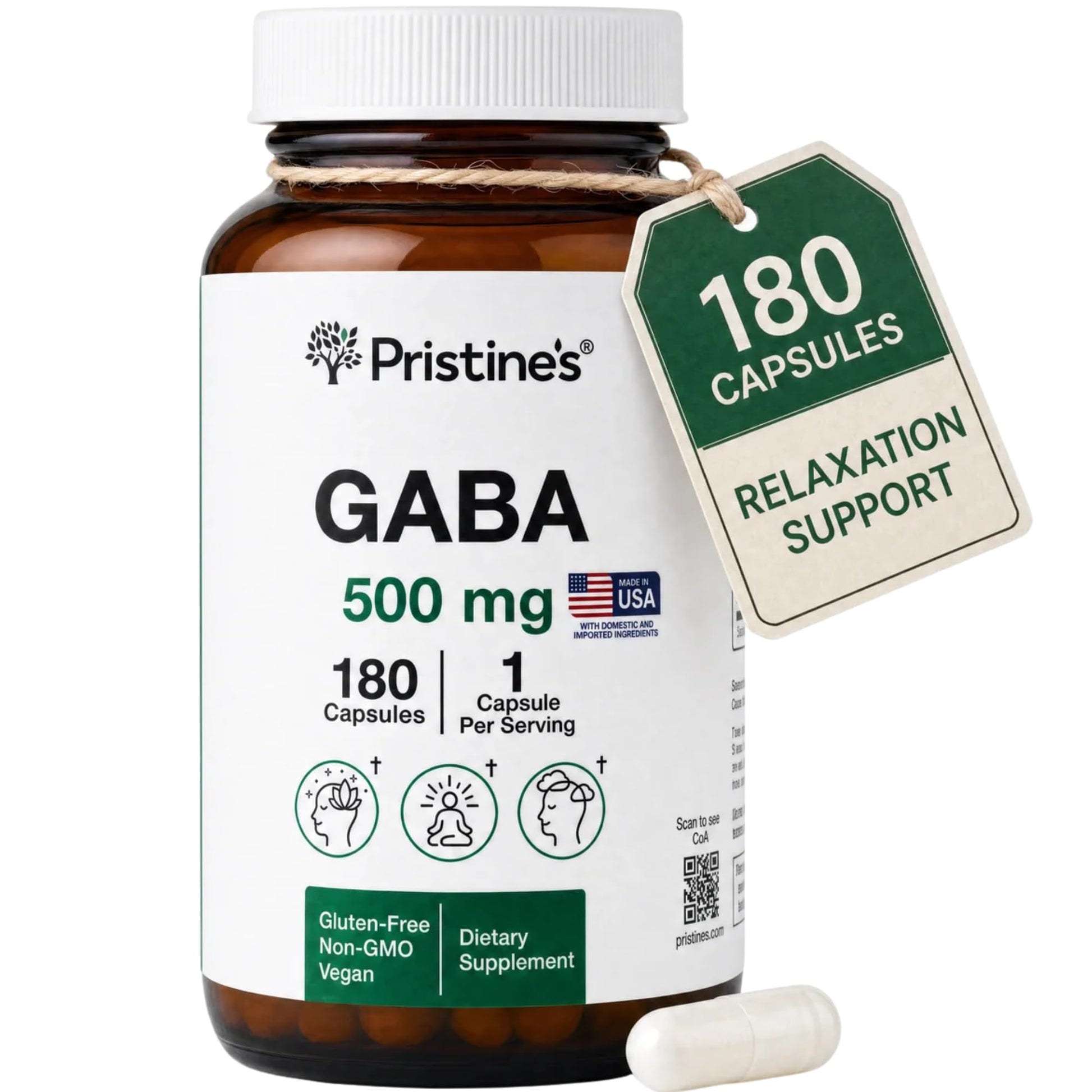PRISTINE'S GABA 500mg Sleep Quality Support Capsules 180 Count