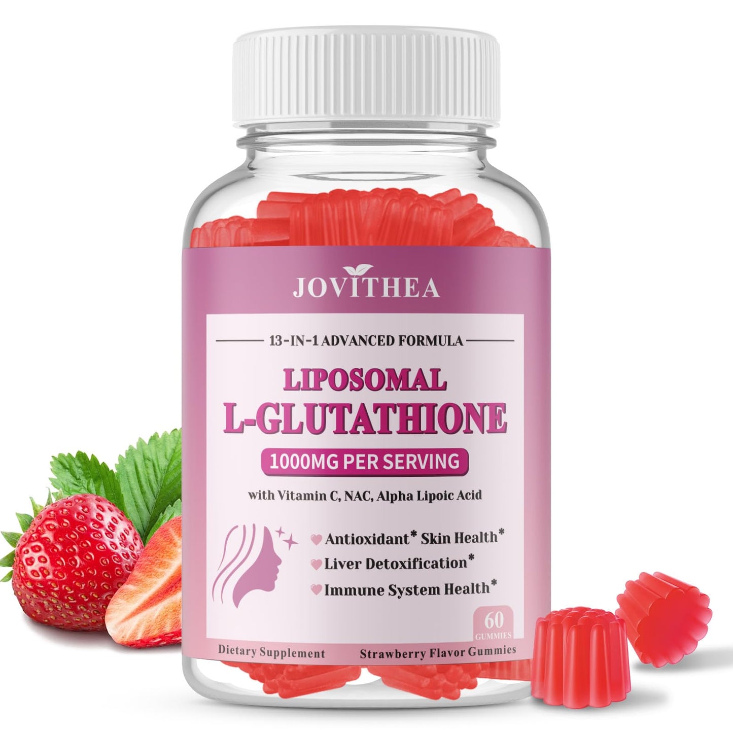 JOVITHEA Liposomal Glutathione Gummies 1000mg, High Absorption Glutathione Supplement with Vitamin C, NAC, Milk Thistle for Skin Health, Liver Detox & Immune, Vegan, Sugar Free, Strawberry Flavor, 60 Gummies