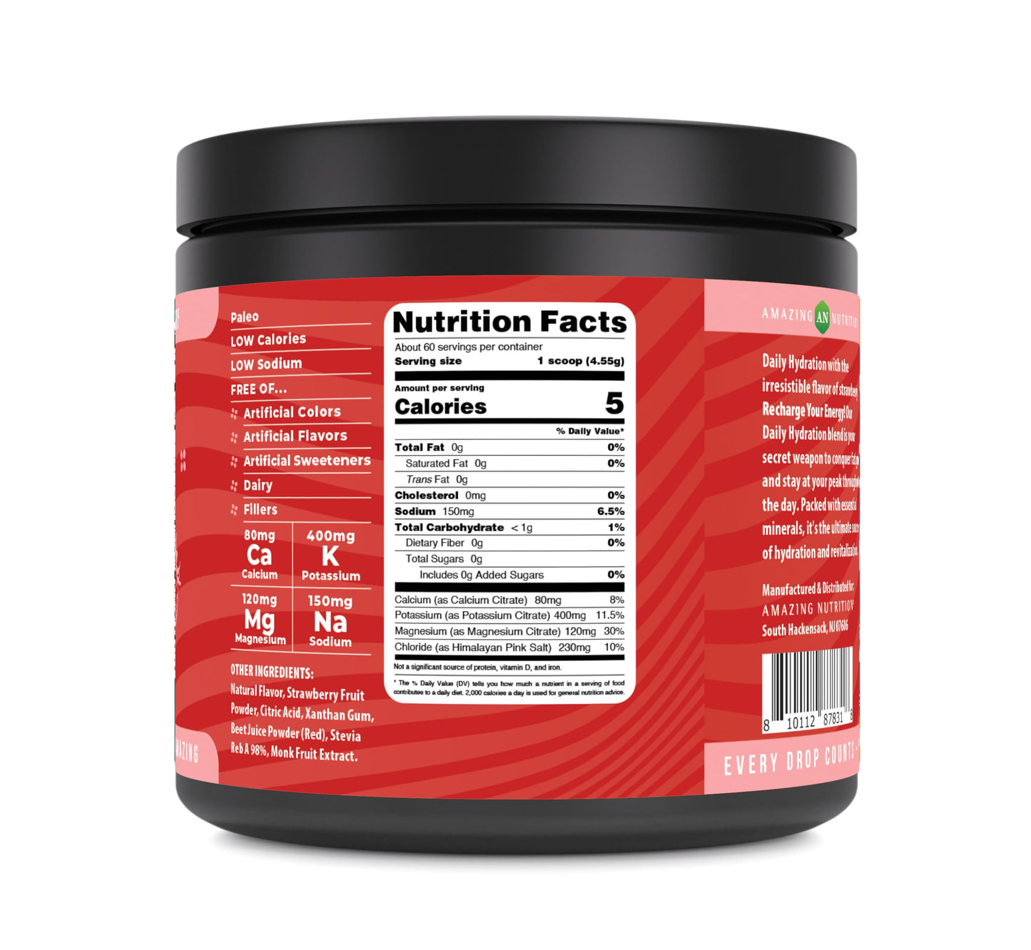 Amazing Nutrition Daily Hydration Electrolyte Powder 60 Servings Natural Strawberry