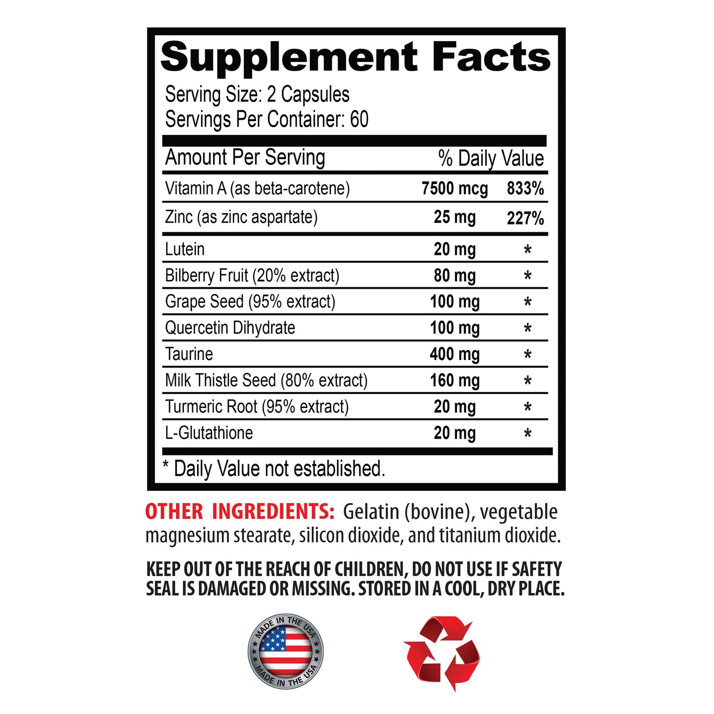 SPORT SUPPLEMENTS Eye Formula Lutein & Zeaxanthin Eye Vision Guard Extra Strength Bilberry 180 Capsules