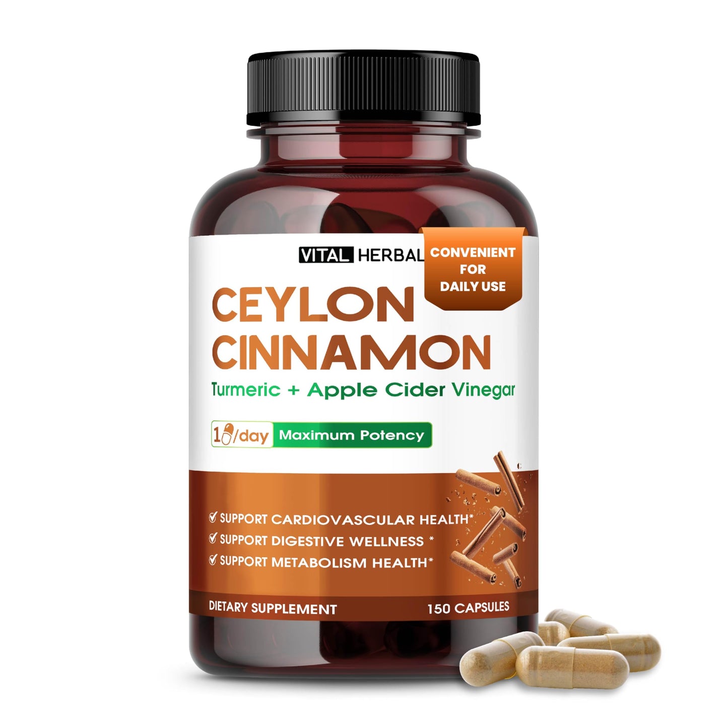 VITAL HERBAL Liposomal Ceylon Cinnamon with Turmeric & Apple Cider Vinegar, 150 Capsules