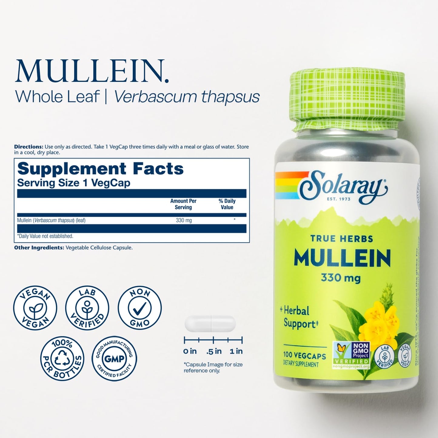 SOLARAY Mullein Leaf 330 mg and Marshmallow Root 480 mg Vegetable Capsules 200