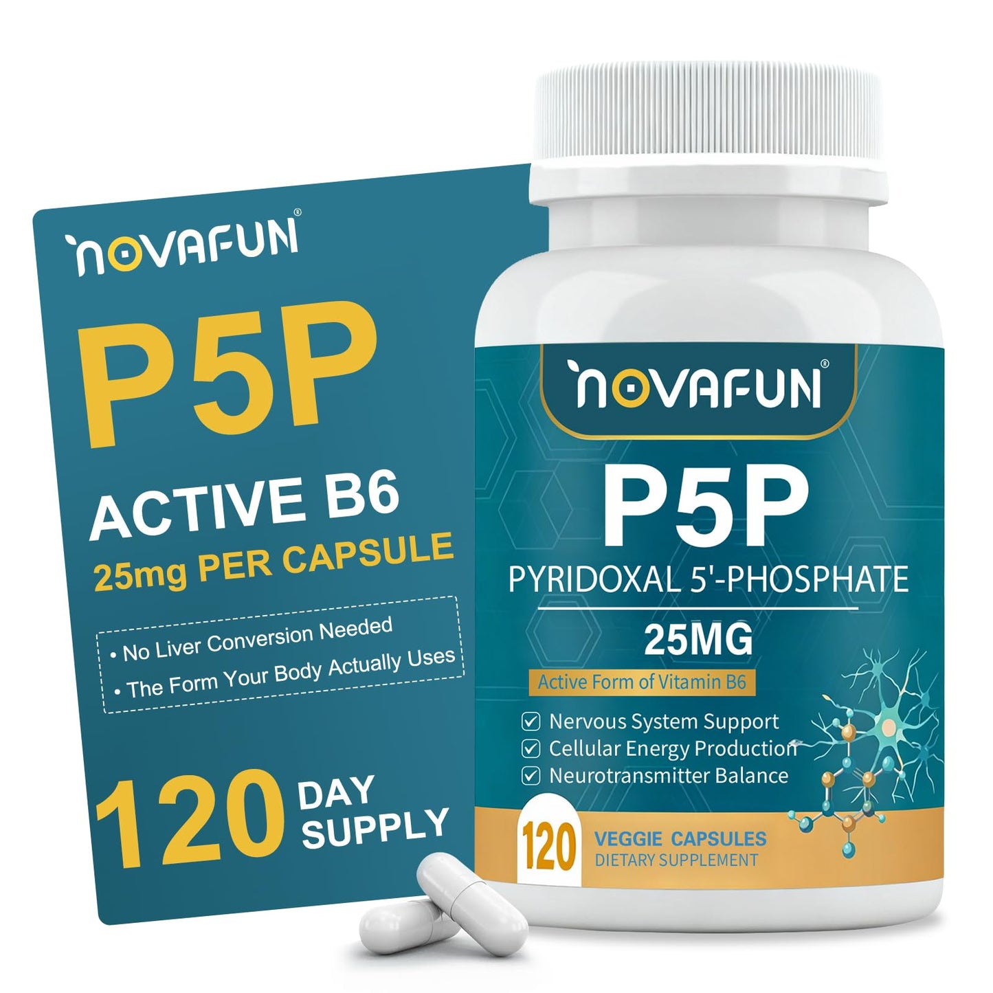 Novafun P5P 25mg Active Vitamin B6 Pyridoxal-5-Phosphate Coenzyme Capsule, 120 Veggie Capsules