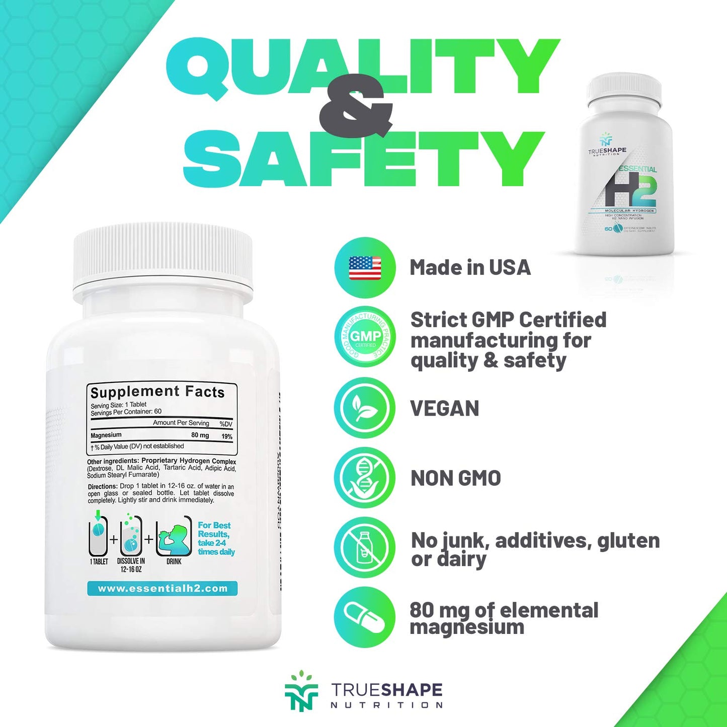 TrueShape Nutrition Essential H2 Fizzy Molecular Hydrogen Tablets for Water Nutritional Supplement, Effervescent Tablets, 60 Tablets