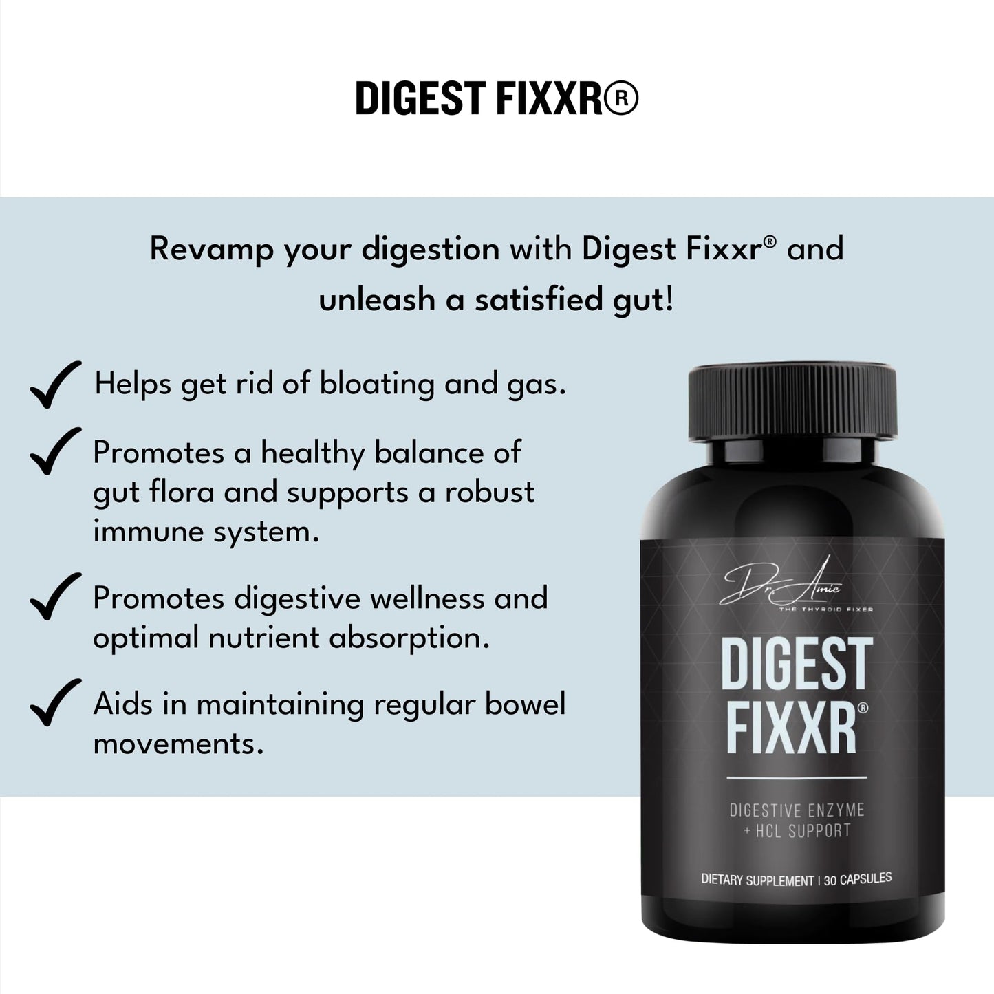 Fixxr Digest by Dr. Amie Digestive Enzyme & HCl Support 30 Capsules
