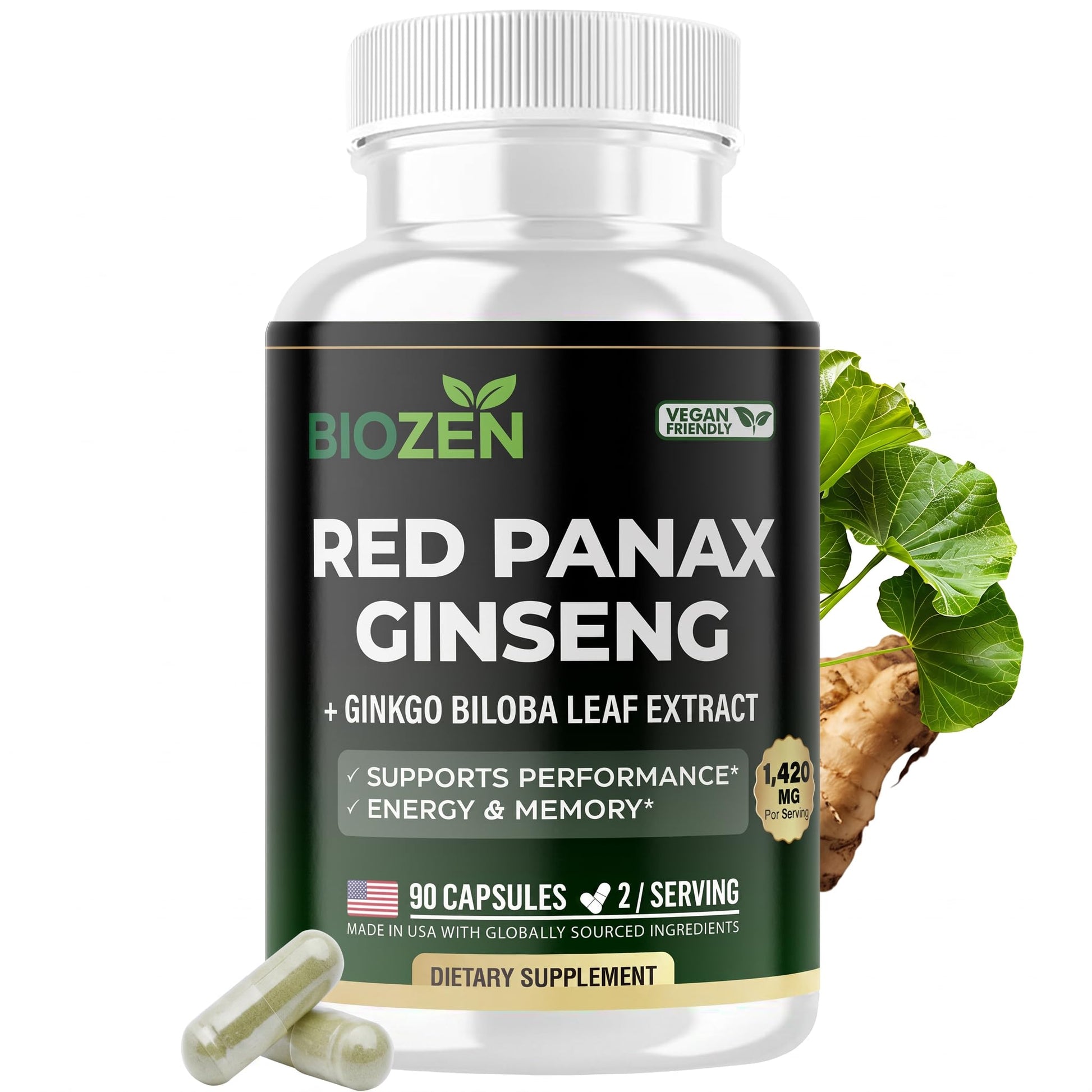 Biozen Korean Red Panax Ginseng + Ginkgo Biloba 1420mg, 90 Capsules