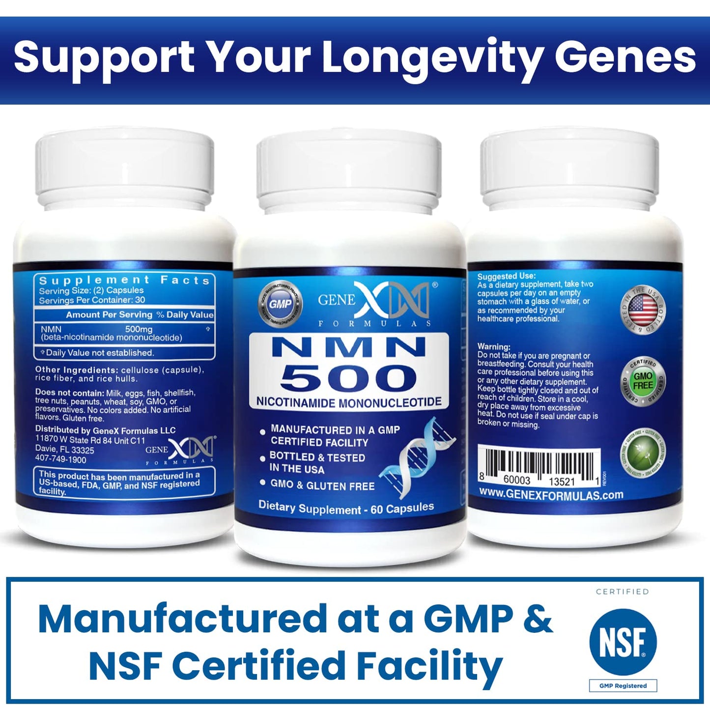 Genex Formulas NMN 500mg - 99% Pure Shelf Stabilized NMN Capsules, GMP Certified, 60 Capsules