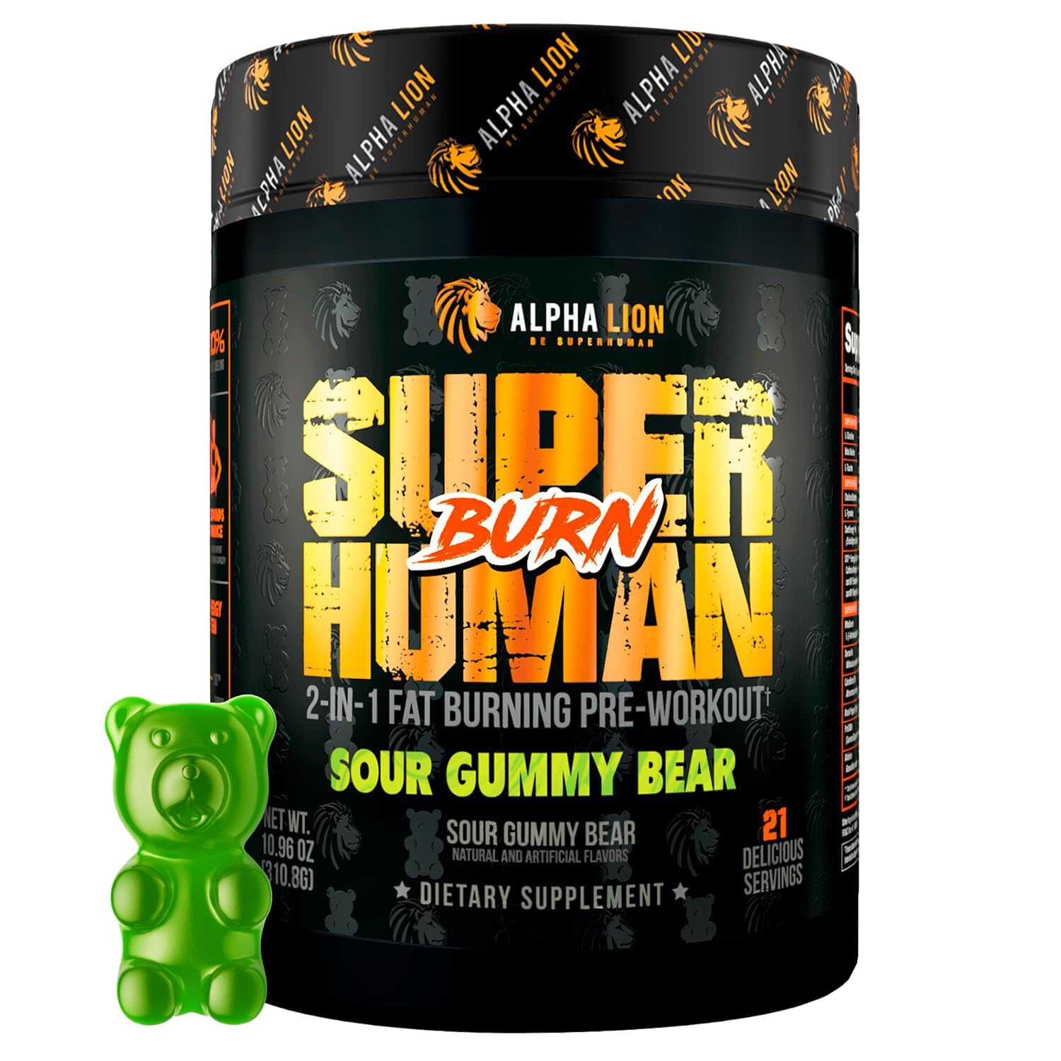 ALPHA LION Superhuman Burn 2-in-1 Metabolism Booster Pre Workout and Men's Thermogenic Fat Burner Sour Gummy Bear Hulk Juice Powder 10.96 Ounces