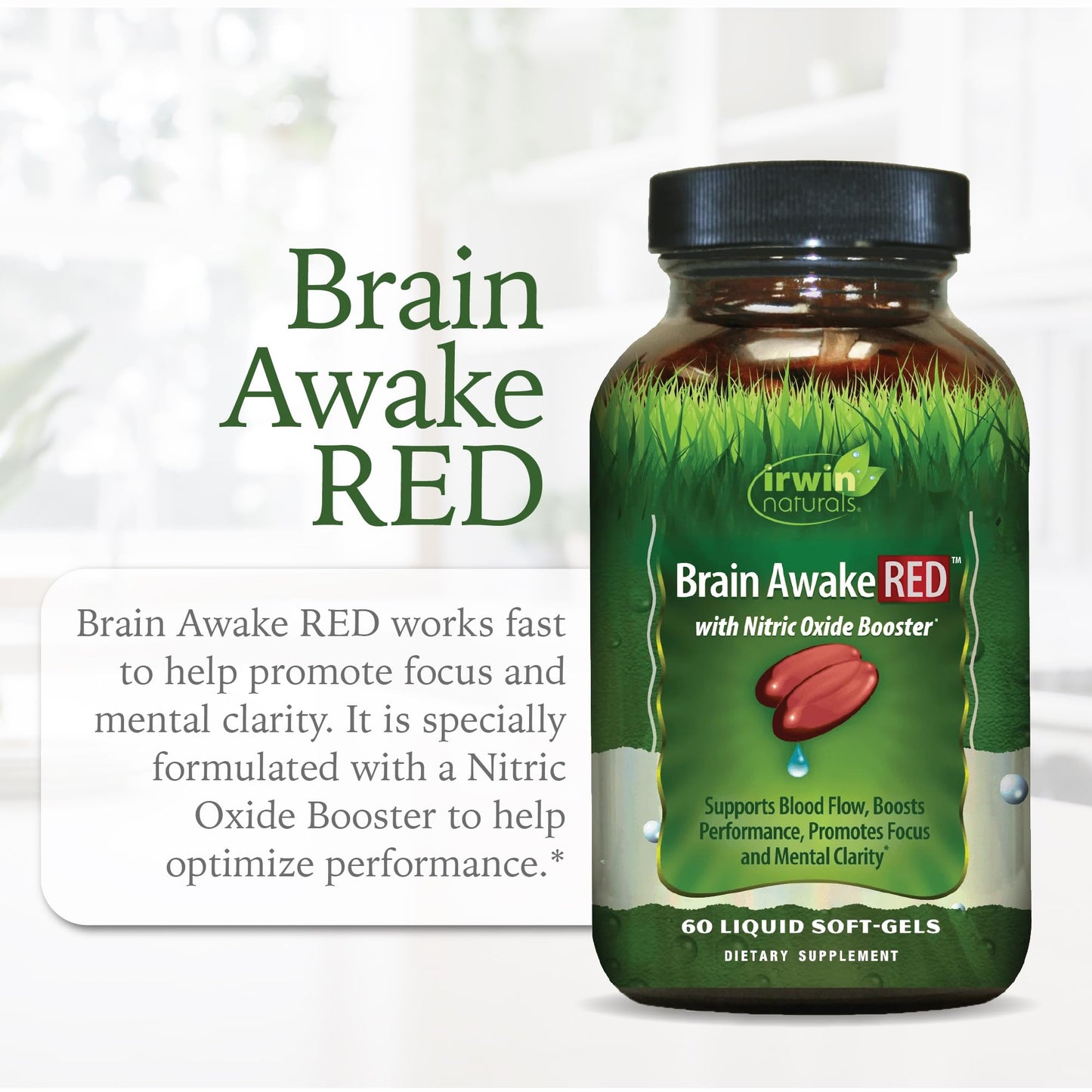 Irwin Naturals Brain Awake RED Nitric Oxide Booster Soft-Gels 60 Count