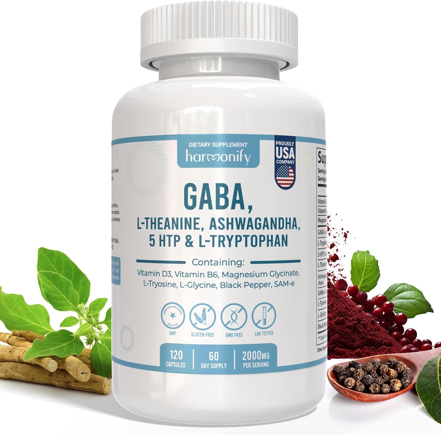 HARMONIFY GABA L-Theanine with Magnesium Glycinate, Ashwagandha, Same, 5-HTP & L-Tryptophan, 12-in-1 Capsule, 60 Count