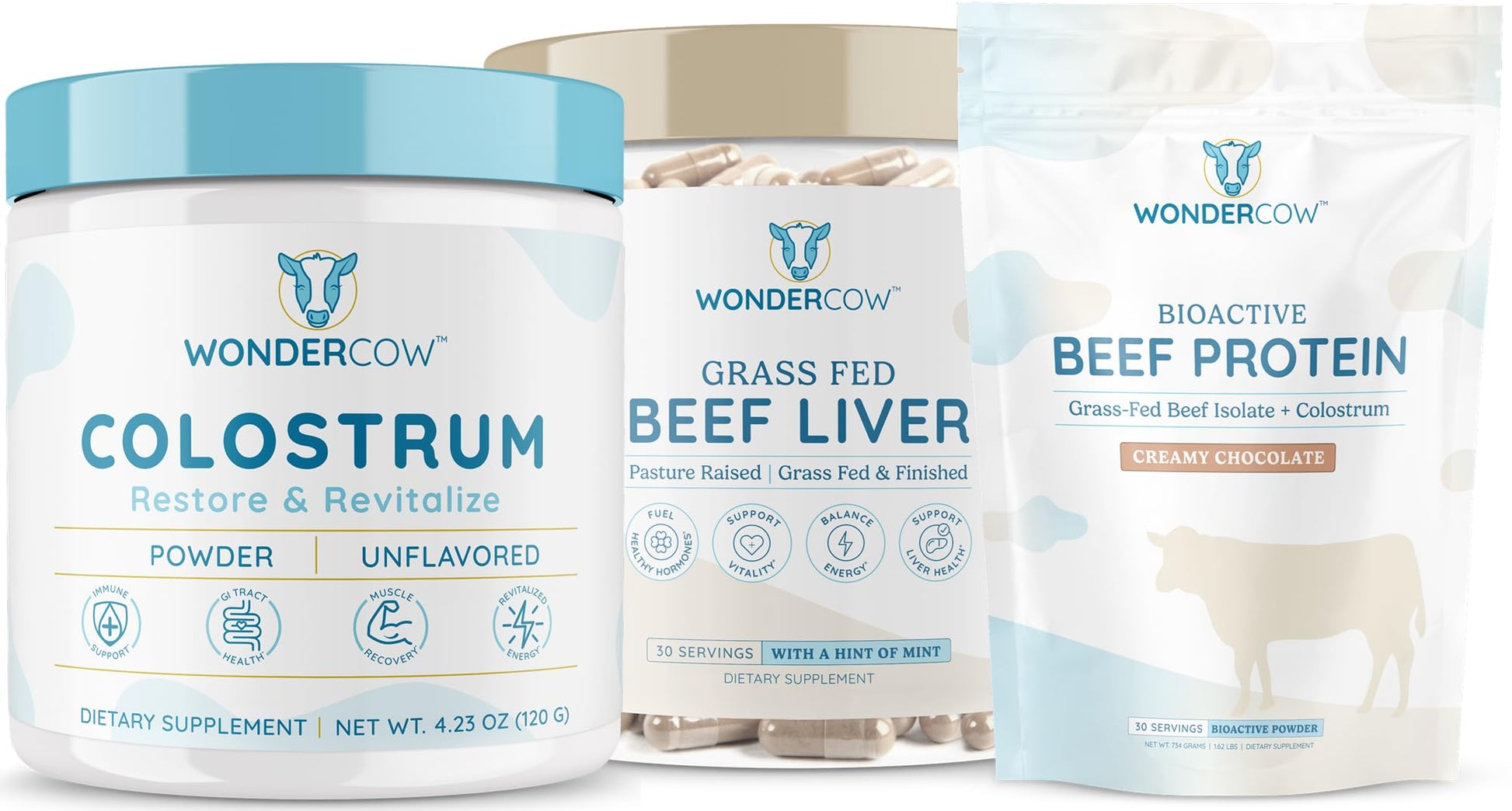 WONDERCOW 3-in-1 Colostrum + Grass-Fed Beef Liver Capsules + Beef Protein Isolate Powder with Bovine Colostrum