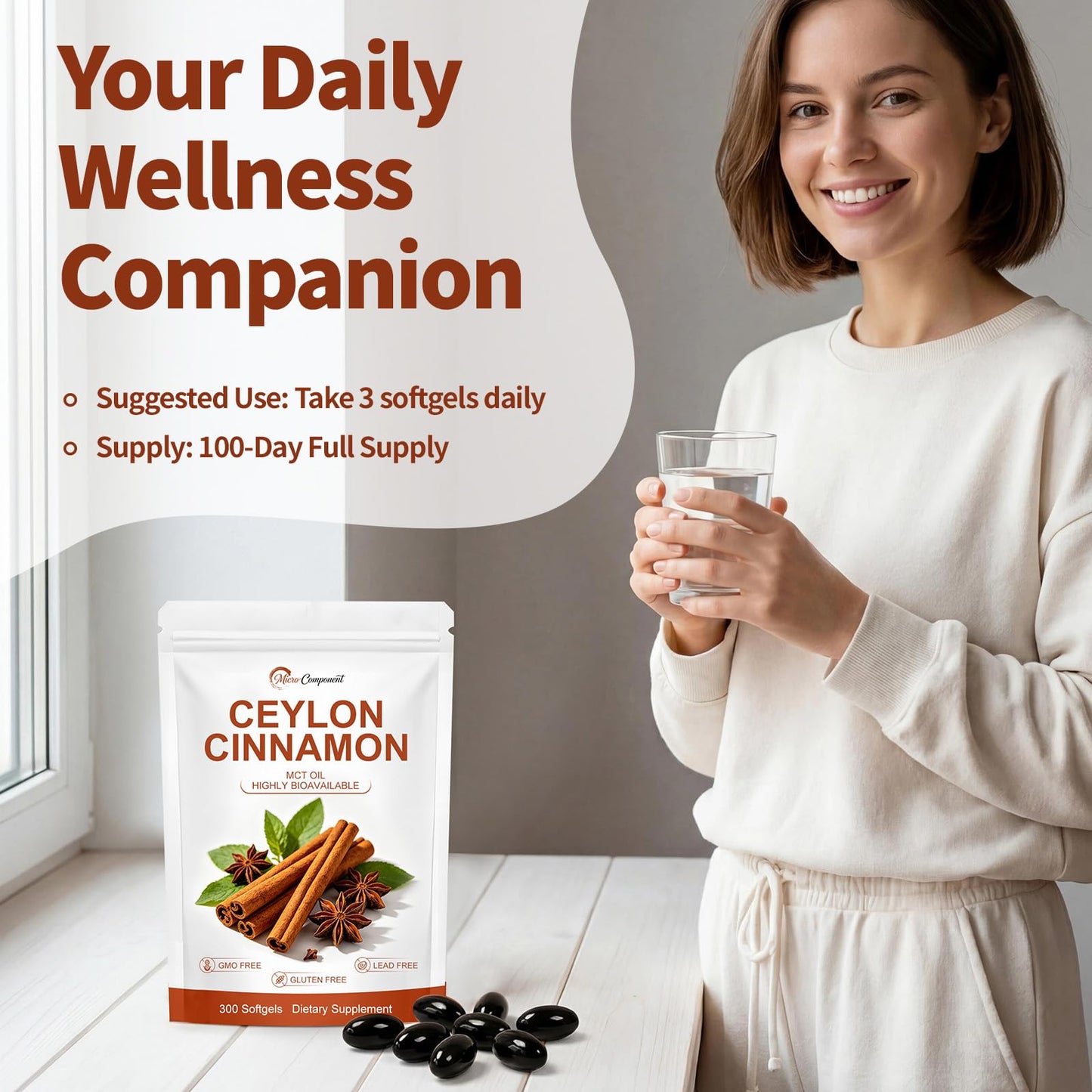 CORTISOL REGULATE Ceylon Cinnamon with MCT Oil Capsules, 300 Count