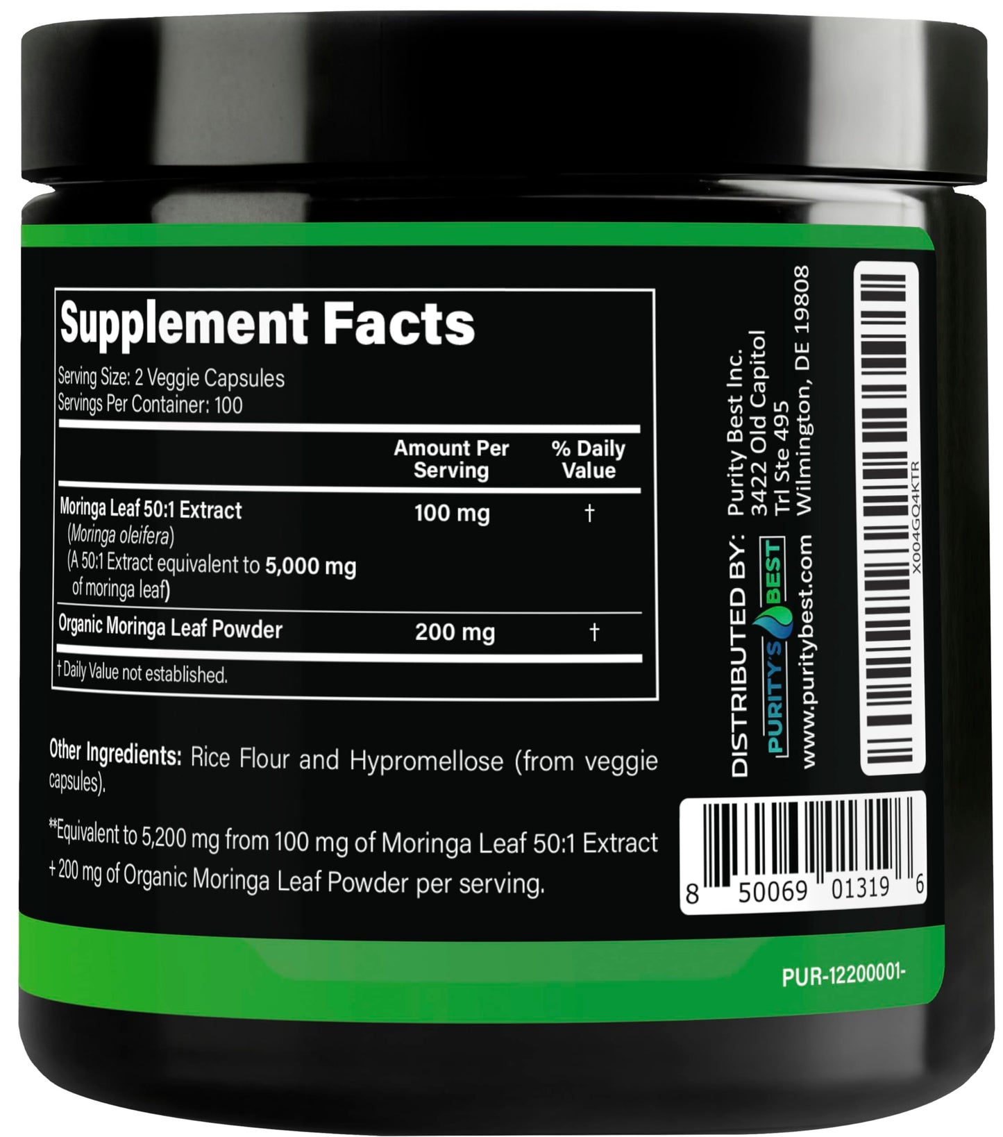 Purity's Best Moringas 50:1 Extract, Concentrated 300 mg Formula with Organic Moringa Leaf, Supports Healthy Energy and Immune Function, 200 Veggie Capsules