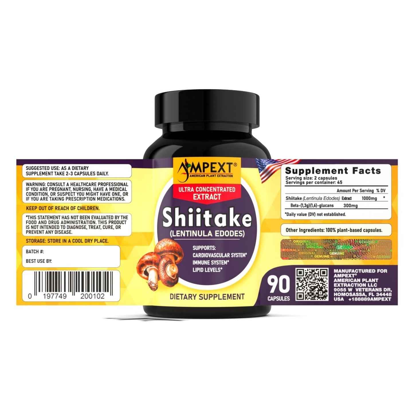 AMPEXT Shiitake Mushroom Extract Capsule, 90 Veg Caps