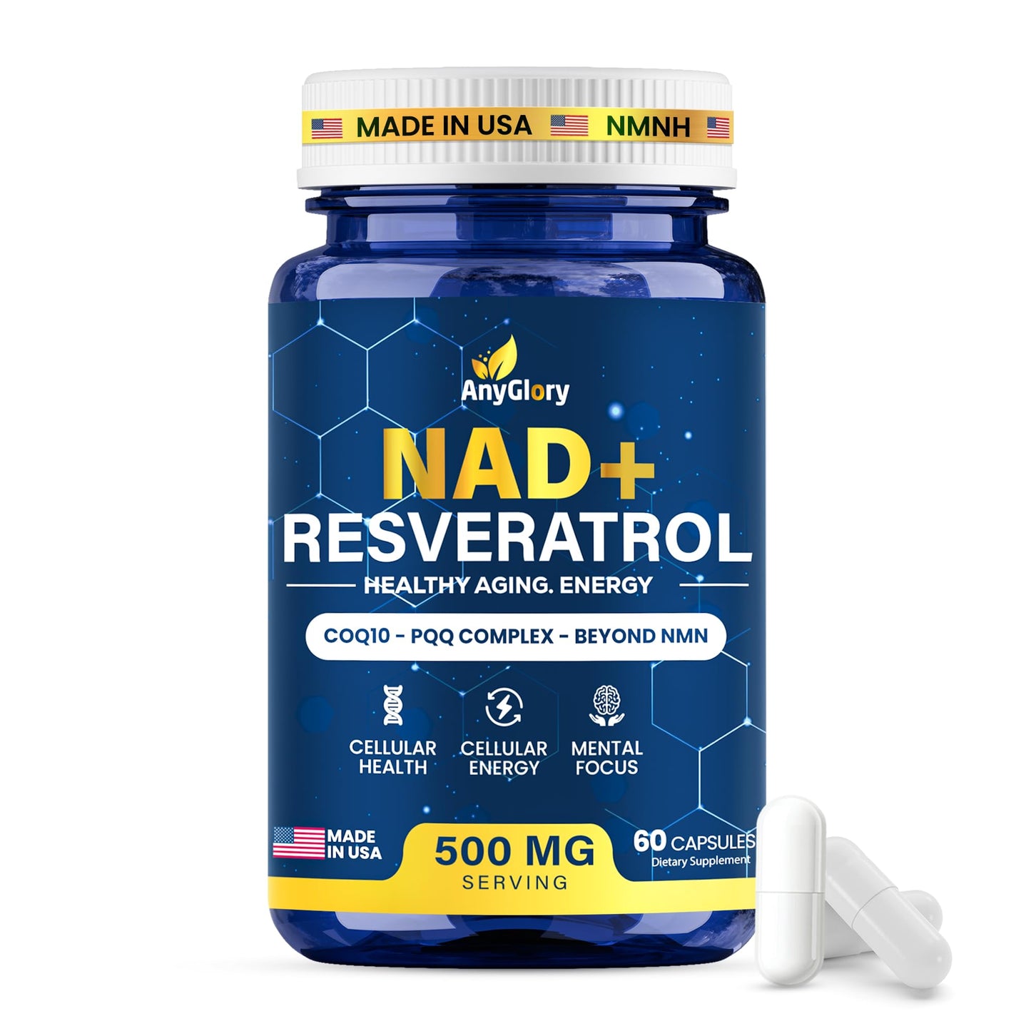 Anyglory NAD+ Supplement with NR, Resveratrol, CoQ10 & PQQ – 5-in-1 NAD Formula NMN Alternative NAD Resveratrol Support, 60 Capsules