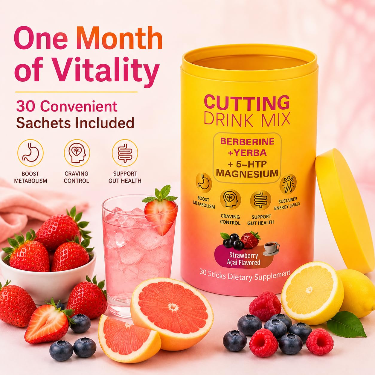 QYGCHUSIN Cutting Drinking Mix Gut Health & Energy with Magnesium, Berberine, 5-HTP, Yerba Mate & FOS Strawberry Acai Flavor Powder 6.35 Ounce