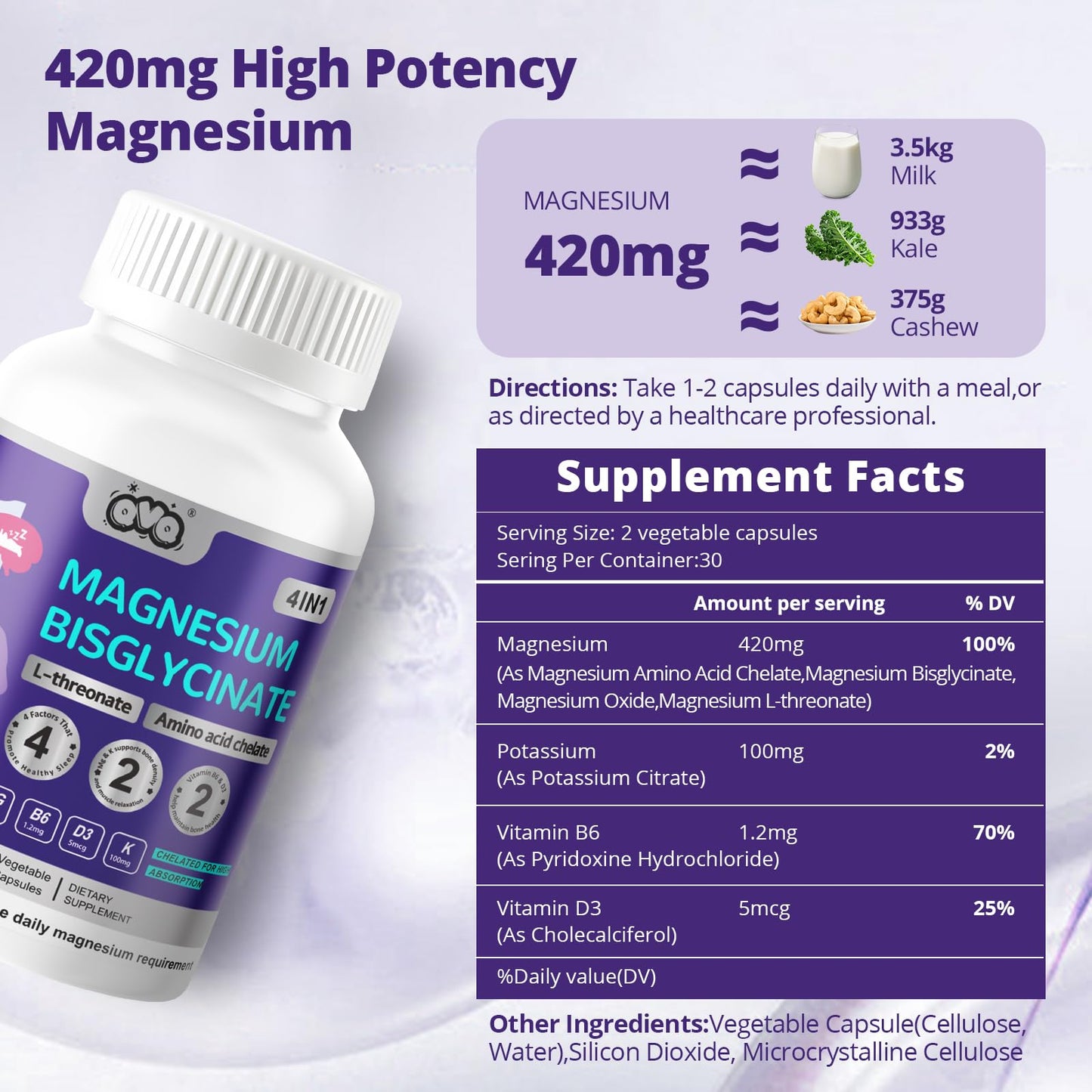 QVQ Magnesium Bisglycinate L-Threonate Amino Acid Chelated Supplement Capsules, 180