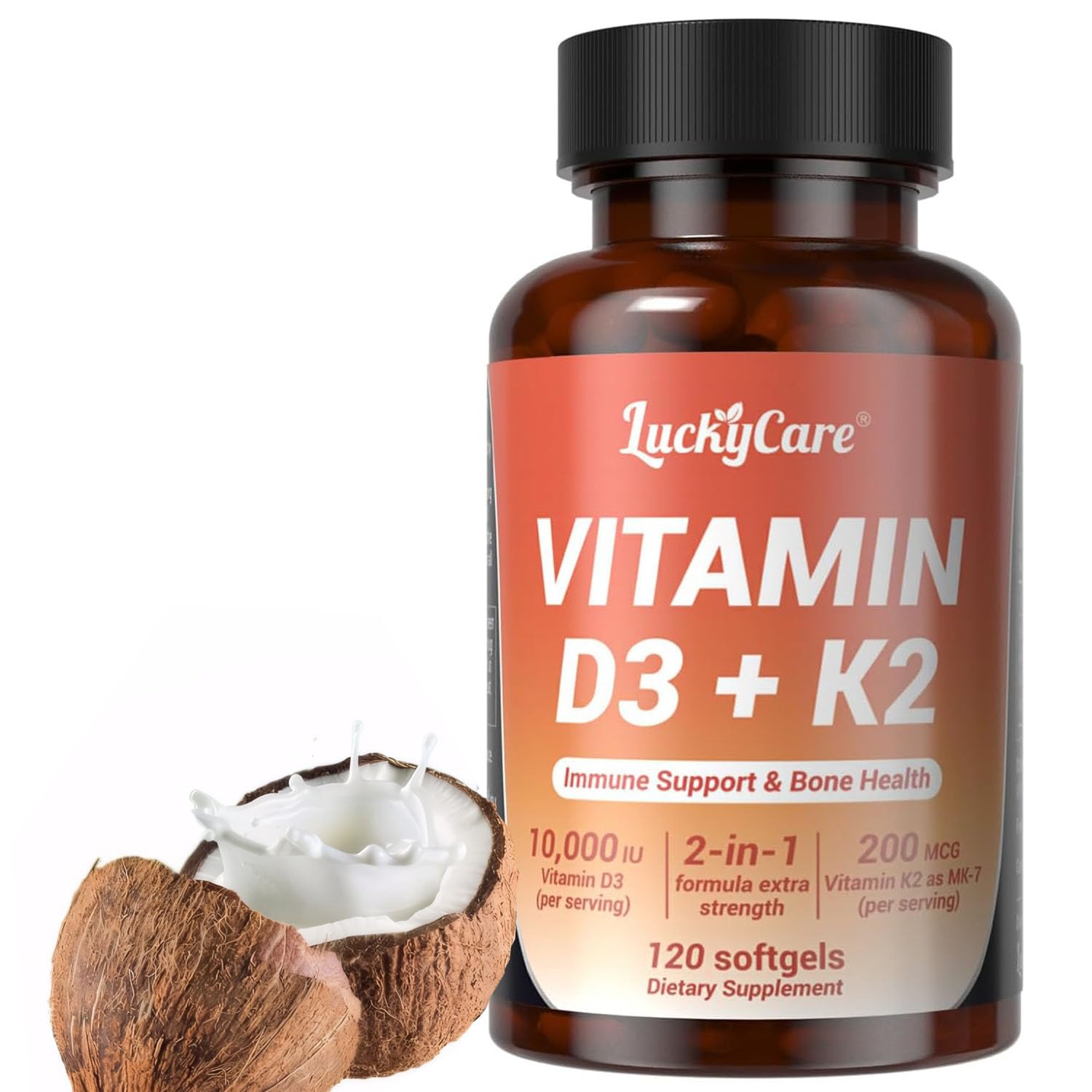 Luckycare Vitamin D3 K2 10000 IU Plus K2 (MK-7) 200 mcg Softgels, 120 Count