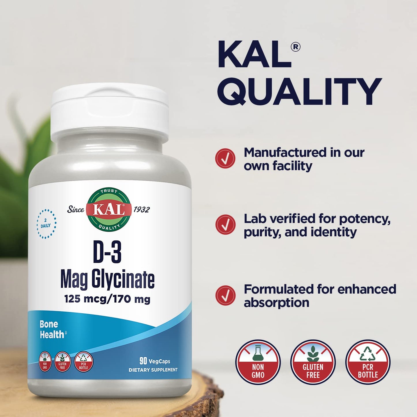 KAL Vitamin D3 & Magnesium Glycinate Enhanced Absorption Formula with BioPerine, Muscle & Bone Health Support, Immune Support, Non-GMO Gluten Free, 90 Capsules