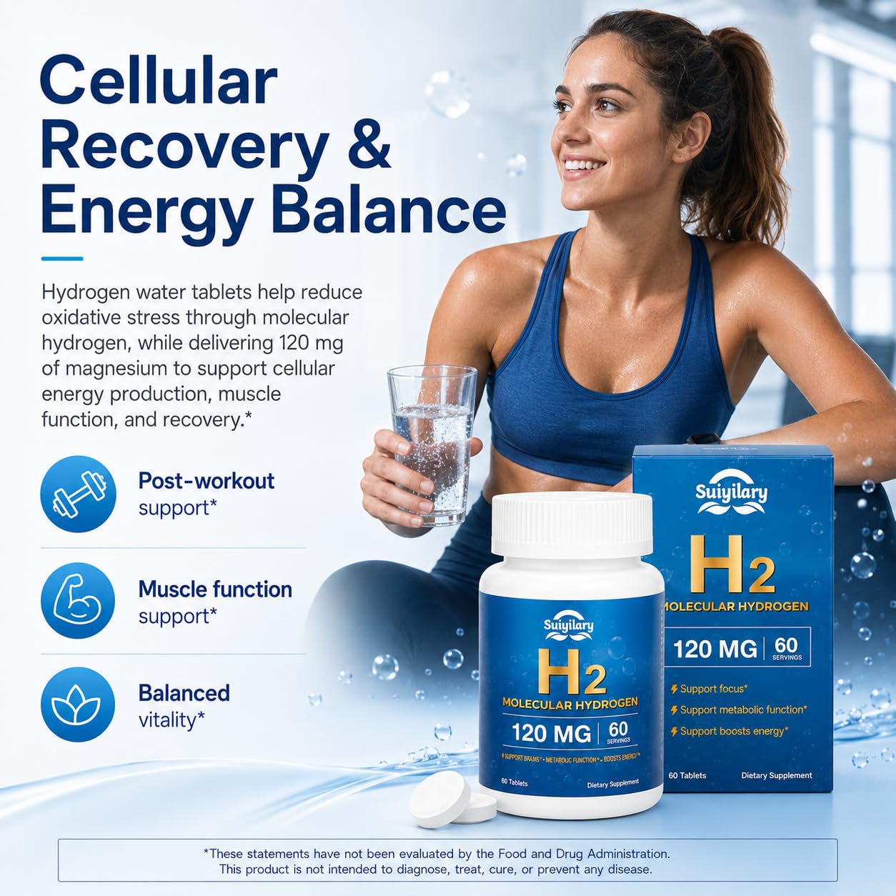 Suiyilary Hydrogen Water Tablets with 120mg Magnesium, H2 Molecular Hydrogen for Drinking Water, Rich in Antioxidants, Supports Cellular Health, Recovery, Immune & Brain Cognitive Function, 60 Tablets