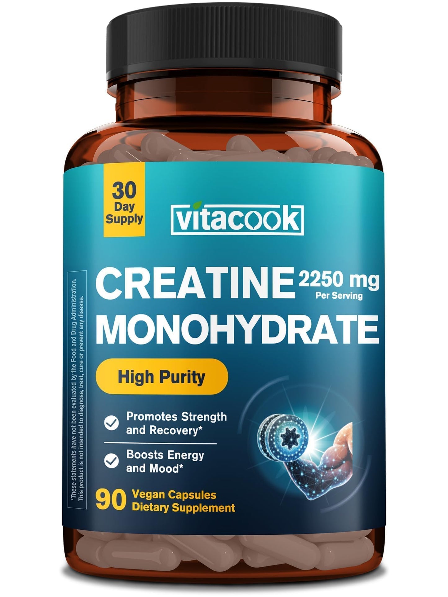 Vitacook Creatine Monohydrate 2250 mg Per Serving, Micronized Creatine Capsules, 90 Capsules