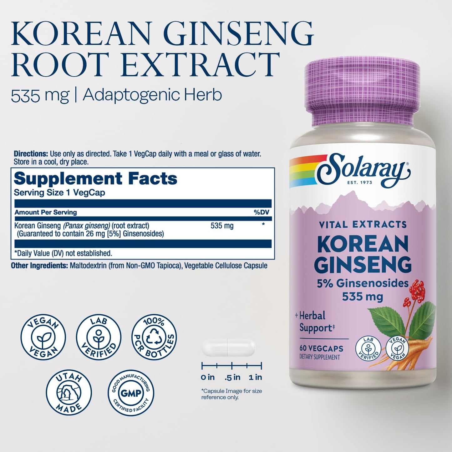 SOLARAY Korean Ginseng Root Extract Capsule 60 VegCaps