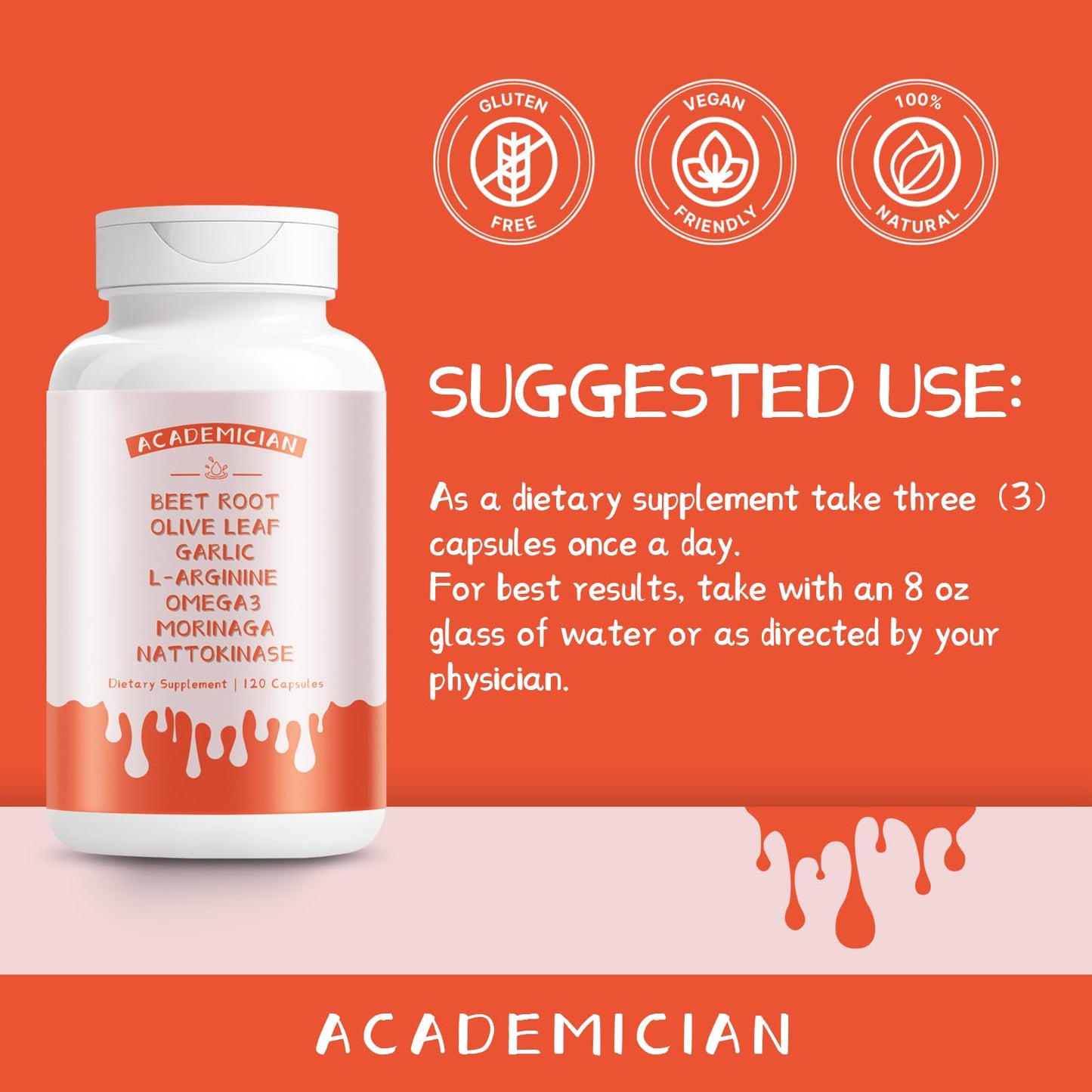 Academician Moringa Capsules with Beet Root, Olive Leaf, Garlic, L-Arginine, Omega 3 and Nattokinase, 120 Count
