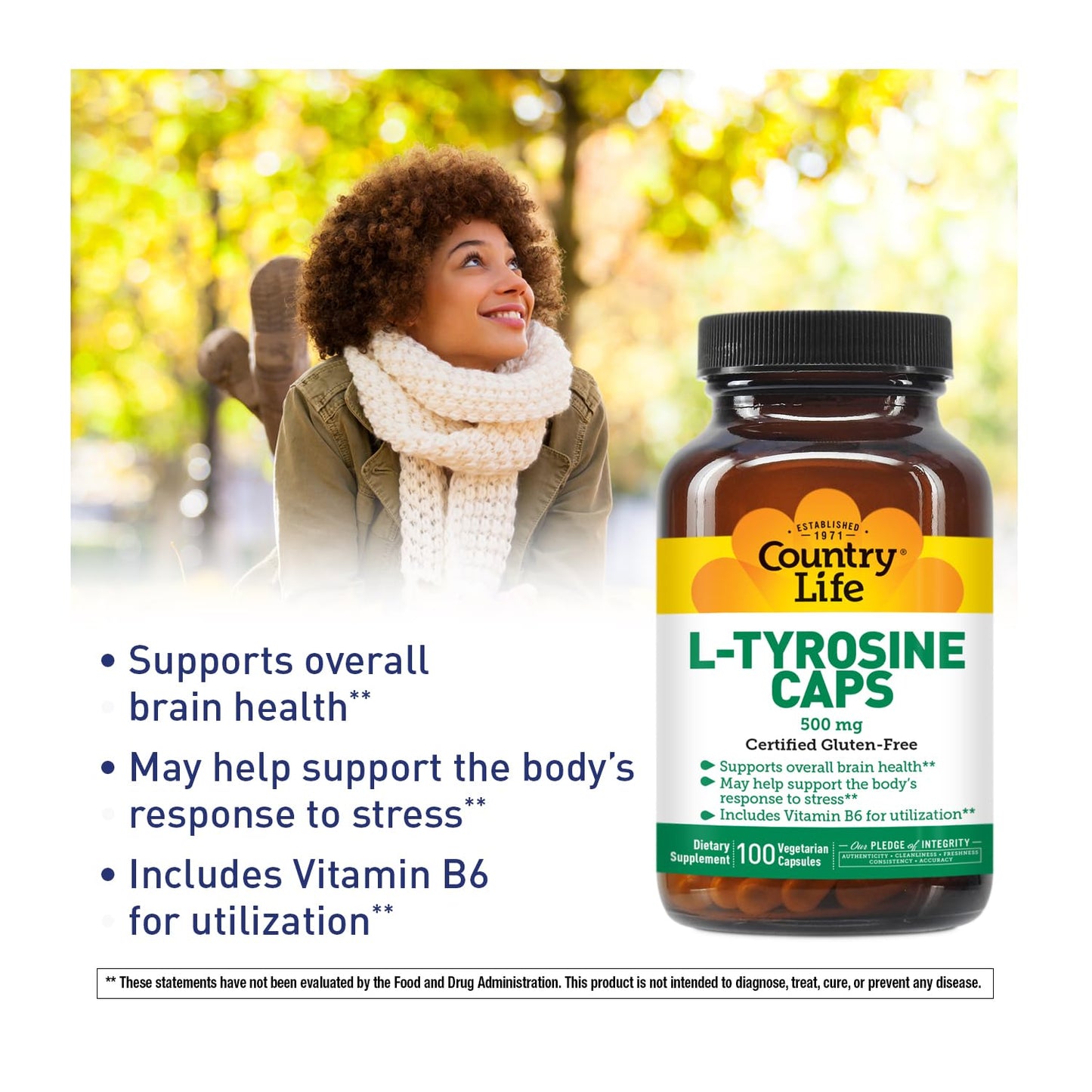 Country Life L-Tyrosine 500mg with Vitamin B6, 100 Capsules