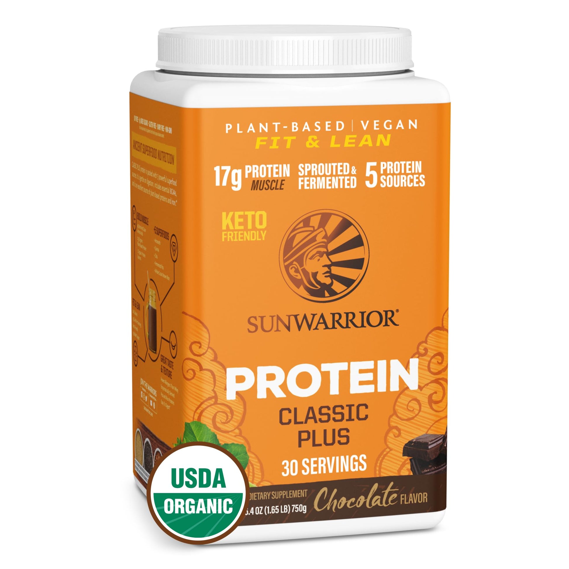 Sunwarrior Classic Plus Vegan Protein Powder with Peas & Brown Rice, Chocolate, 26.4 oz