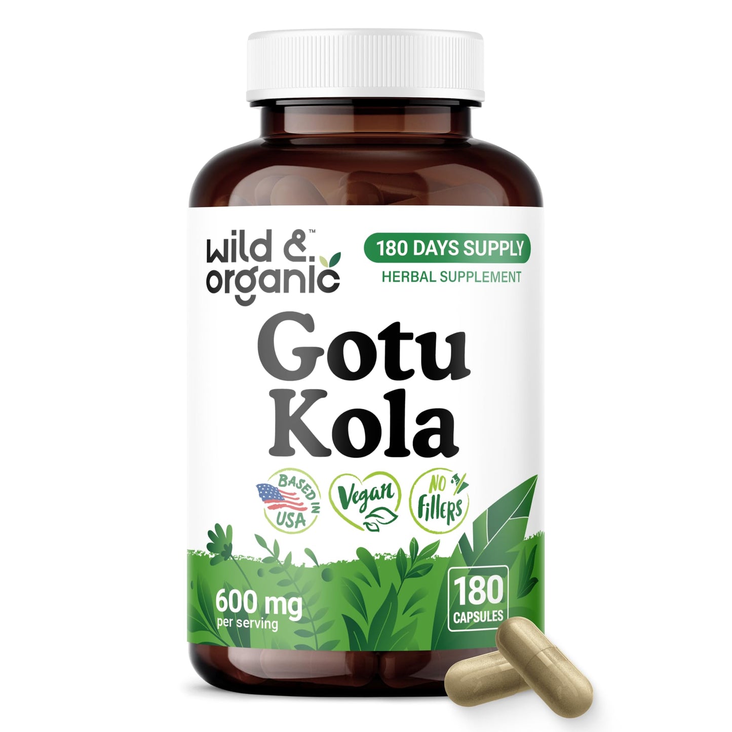 Wild & Organic Gotu Kola Capsules 600 mg, 180 Count