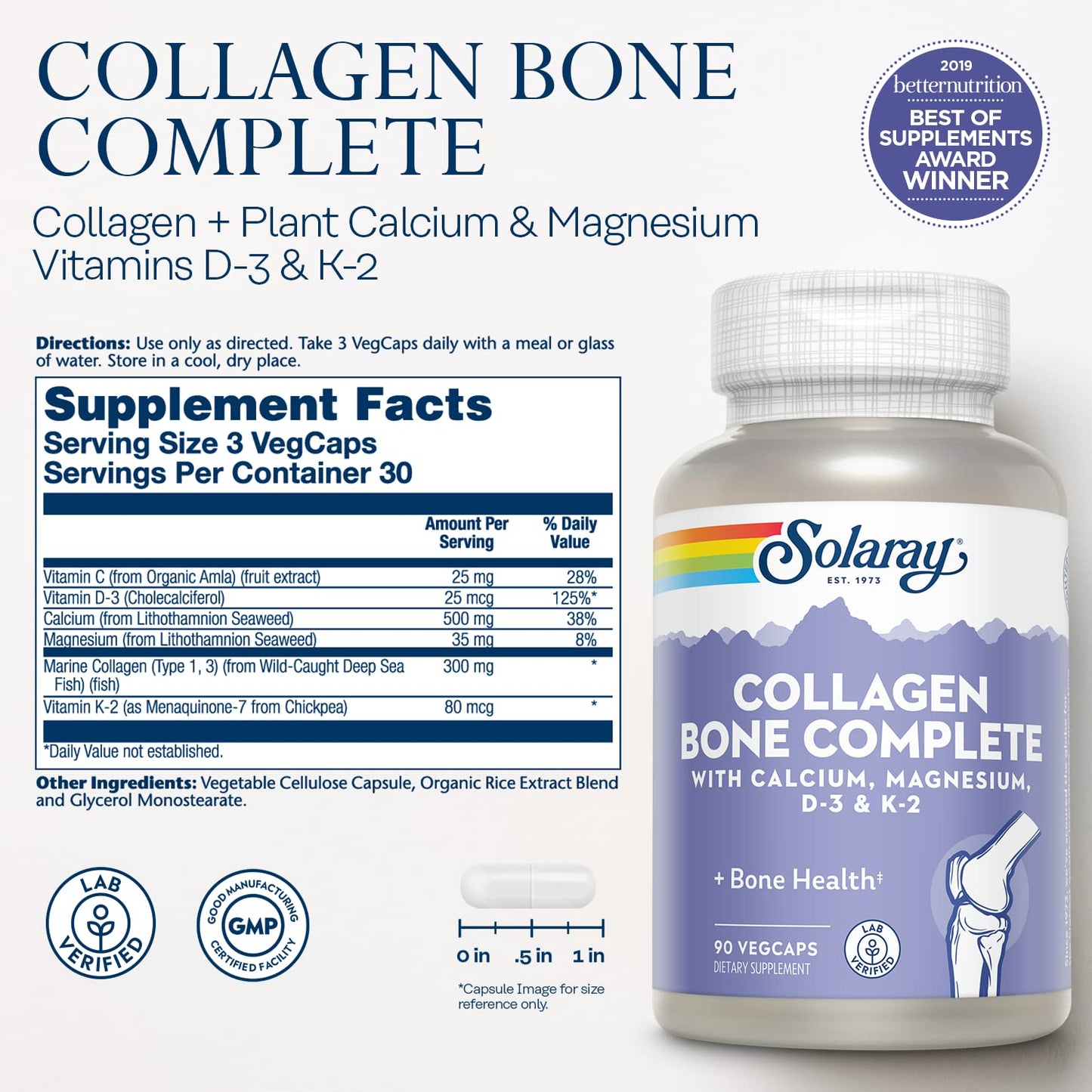 SOLARAY Collagen Bone Complete Marine Collagen Capsules with Calcium, Magnesium and Vitamin D3 for Bone Strength and Health Support, 90 Capsules