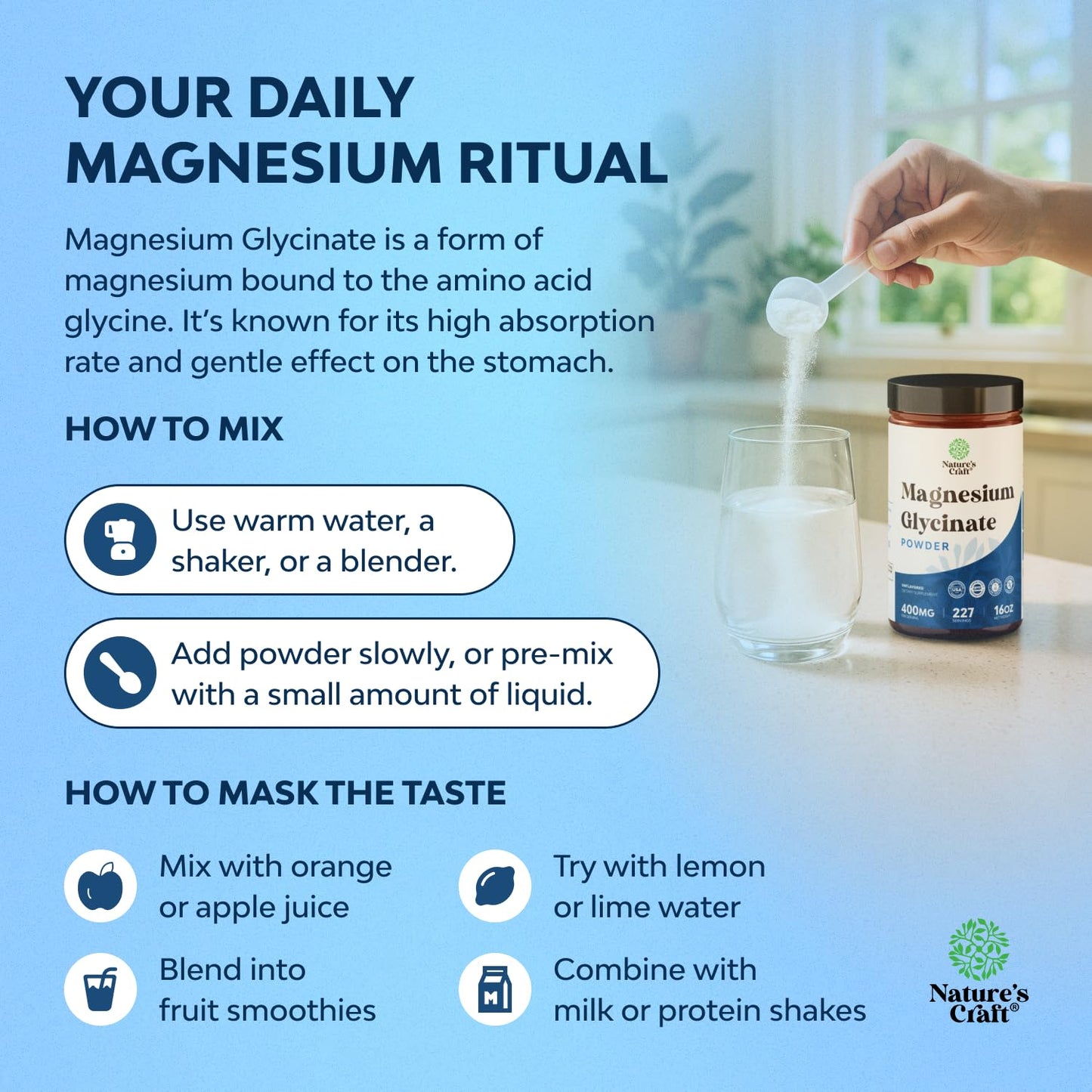 Natures Craft Magnesium Glycinate Powder 16 Ounces