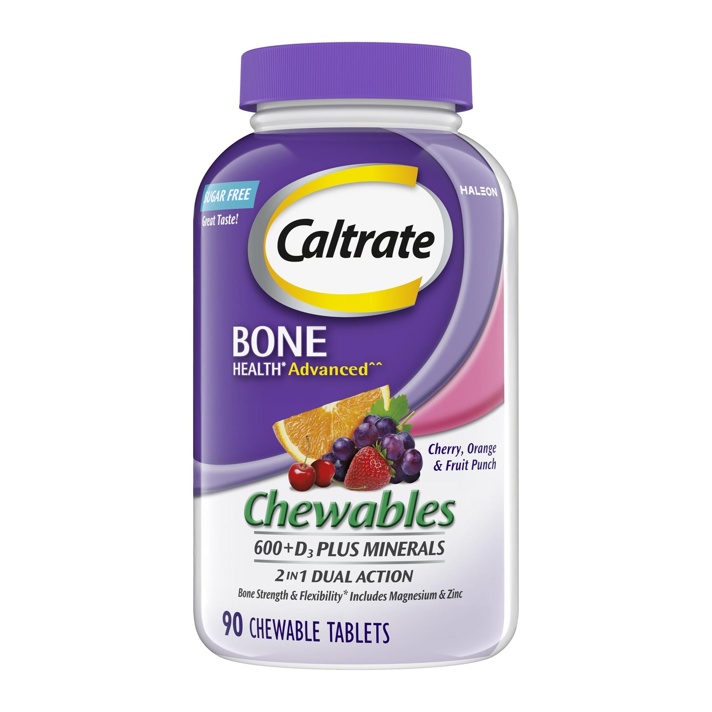 Caltrate Chewables 600 +D3 Plus Minerals Calcium and Vitamin D, Sugar Free, Cherry, Orange and Fruit Punch, 90 Count