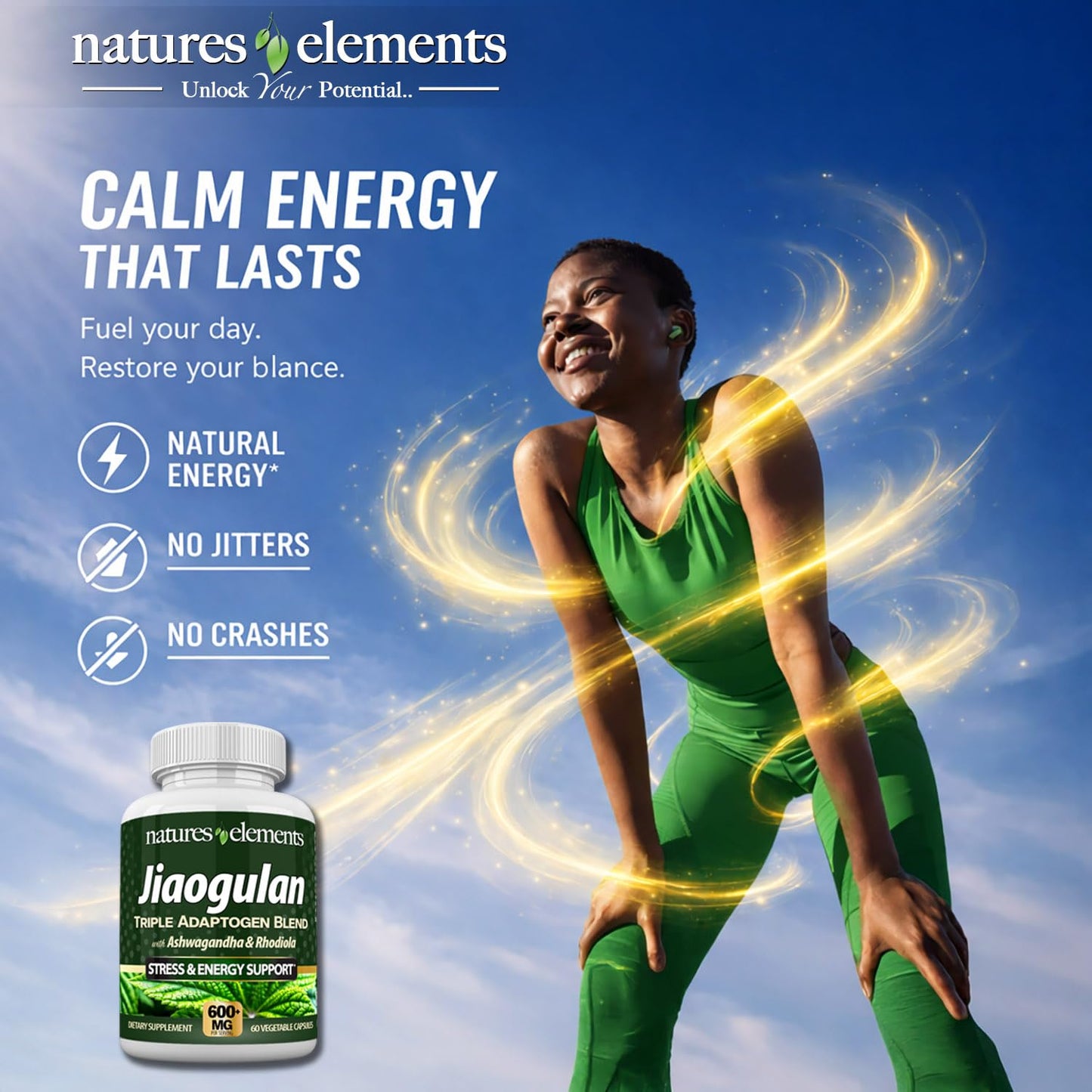 Natures Elements Jiaogulan Supplement with Ashwagandha & Rhodiola Capsules, 60 Count
