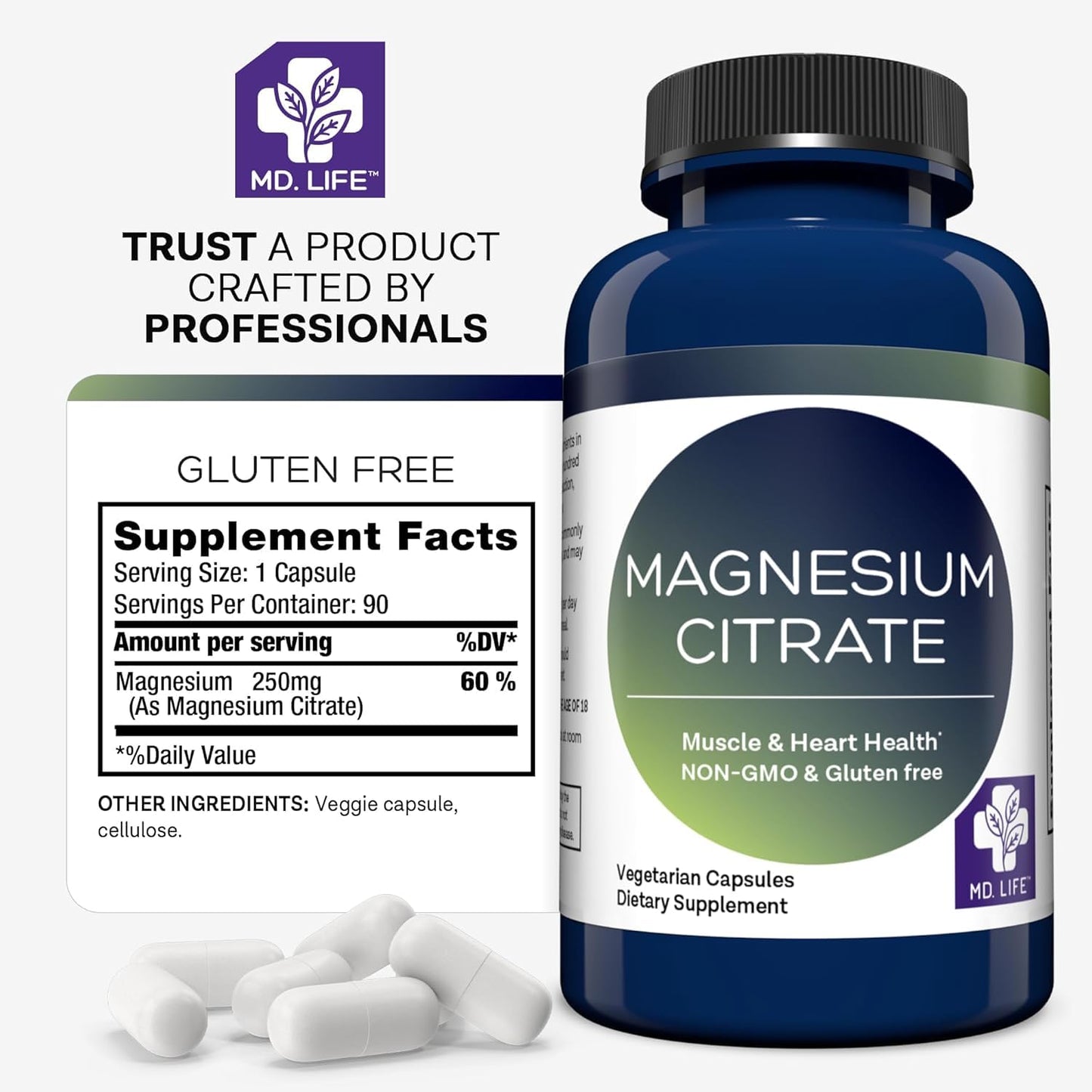 MD.LIFE Magnesium Citrate 250 mg Capsules, 90 Count