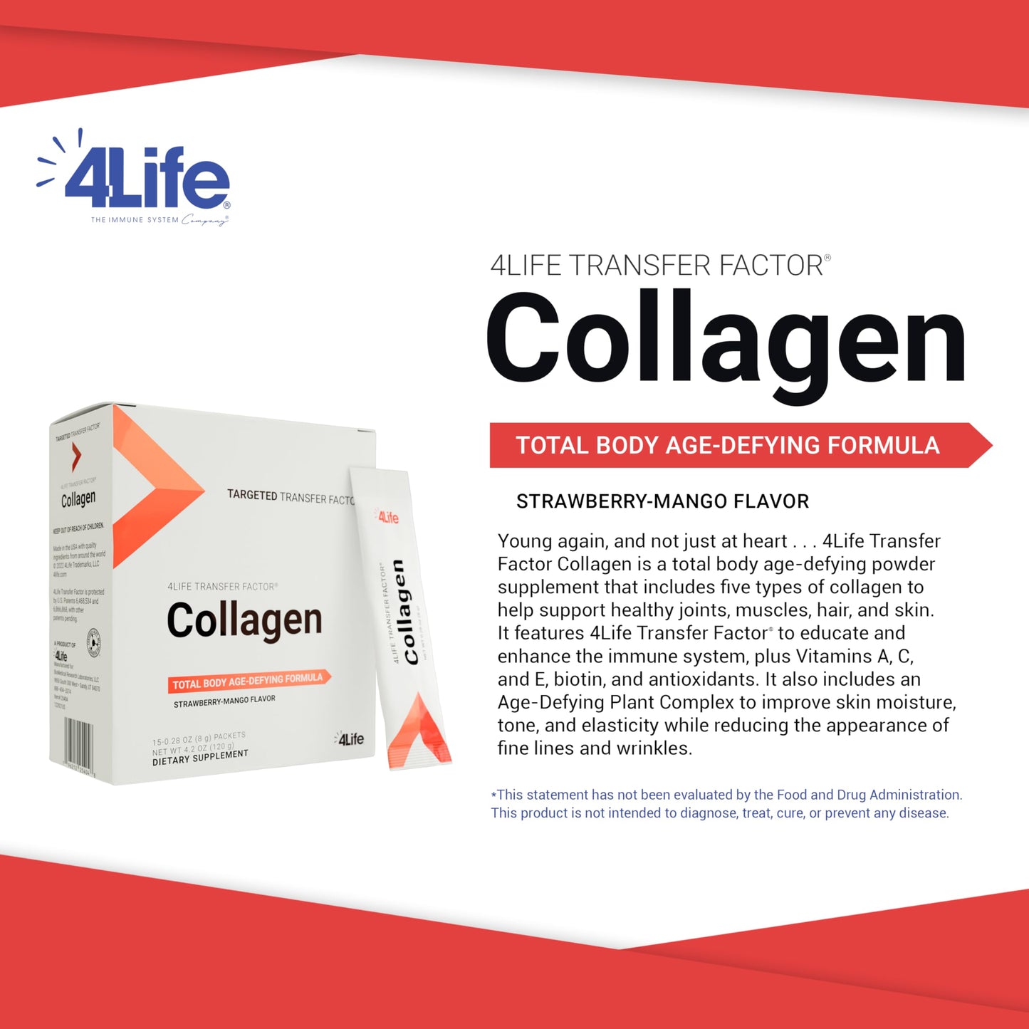 4Life Transfer Factor Collagen Powder with Vitamins Biotin, 15 Packets